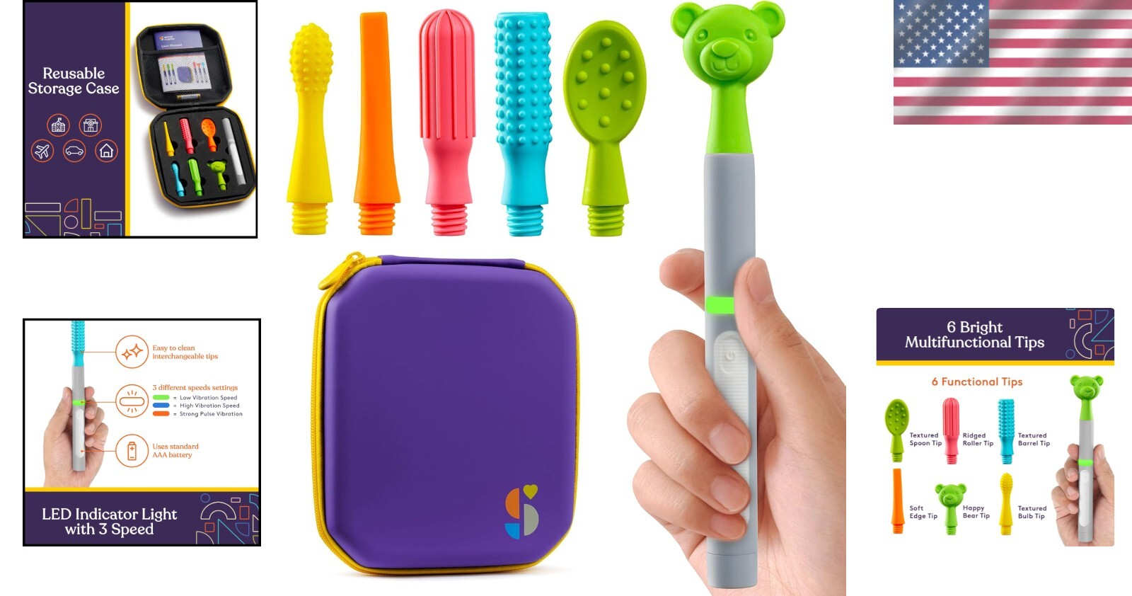 Buzz Buddy Oral Motor Stimulation Kit with 6 Textured Heads & Soft Vibration`