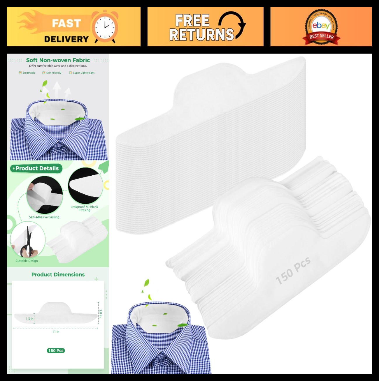 150 Pcs Disposable Sweat Pads for Shirts, Self-Adhesive Collar Protectors, Anti-