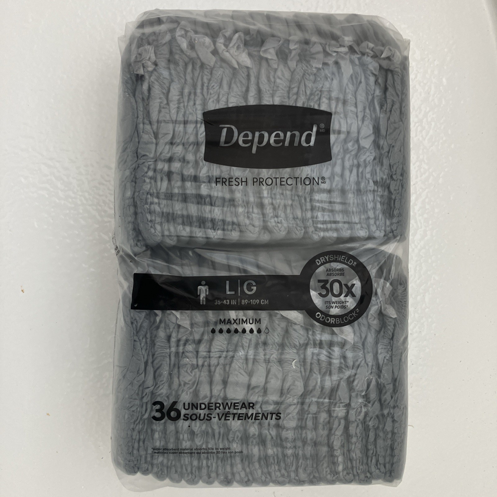 MEN’S DEPEND GRAY PROTECTIVE UNDERWEAR SIZE LARGE WAIST 35″-43″ (36 Count)