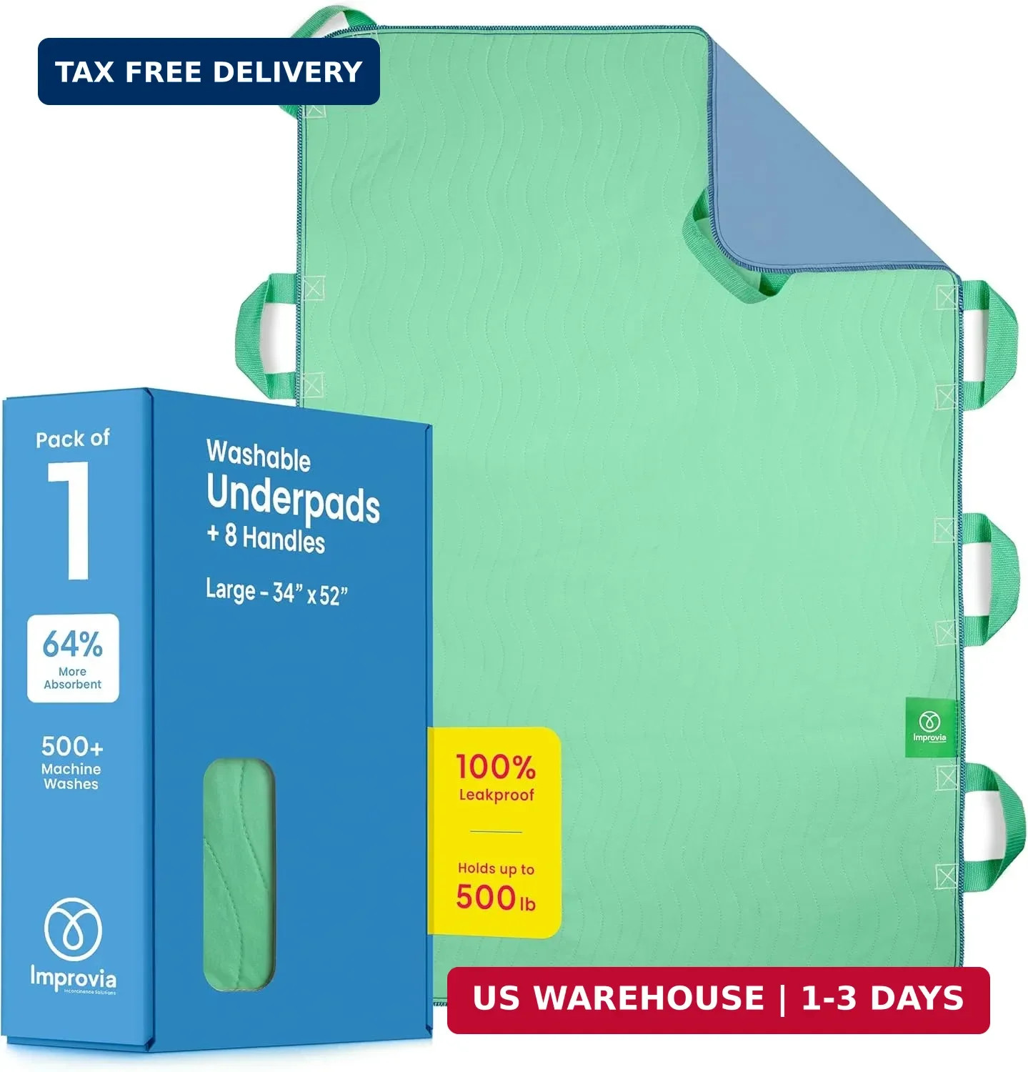 Improvia Positioning Bed Pad, with 8 Reinforced Handles, Quick-Drying, Washable,