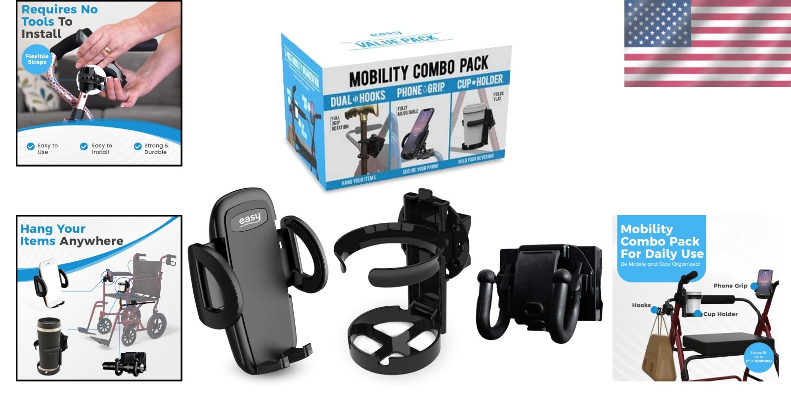 Portable 3-in-1 Mobility Aid: Phone Holder, Cup Holder, & Hooks for Independence