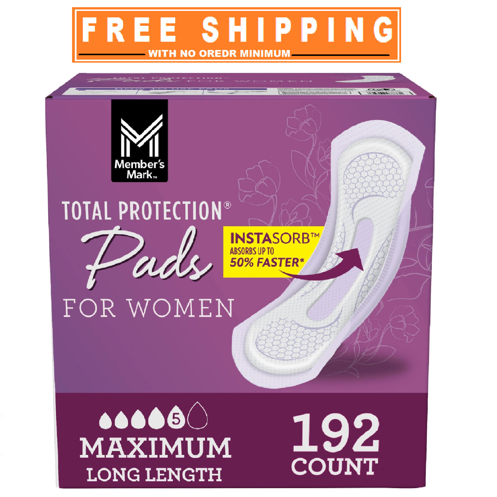 Member’s Mark Total Protection Maximum Long Pads, 5 Drop, 192 ct.