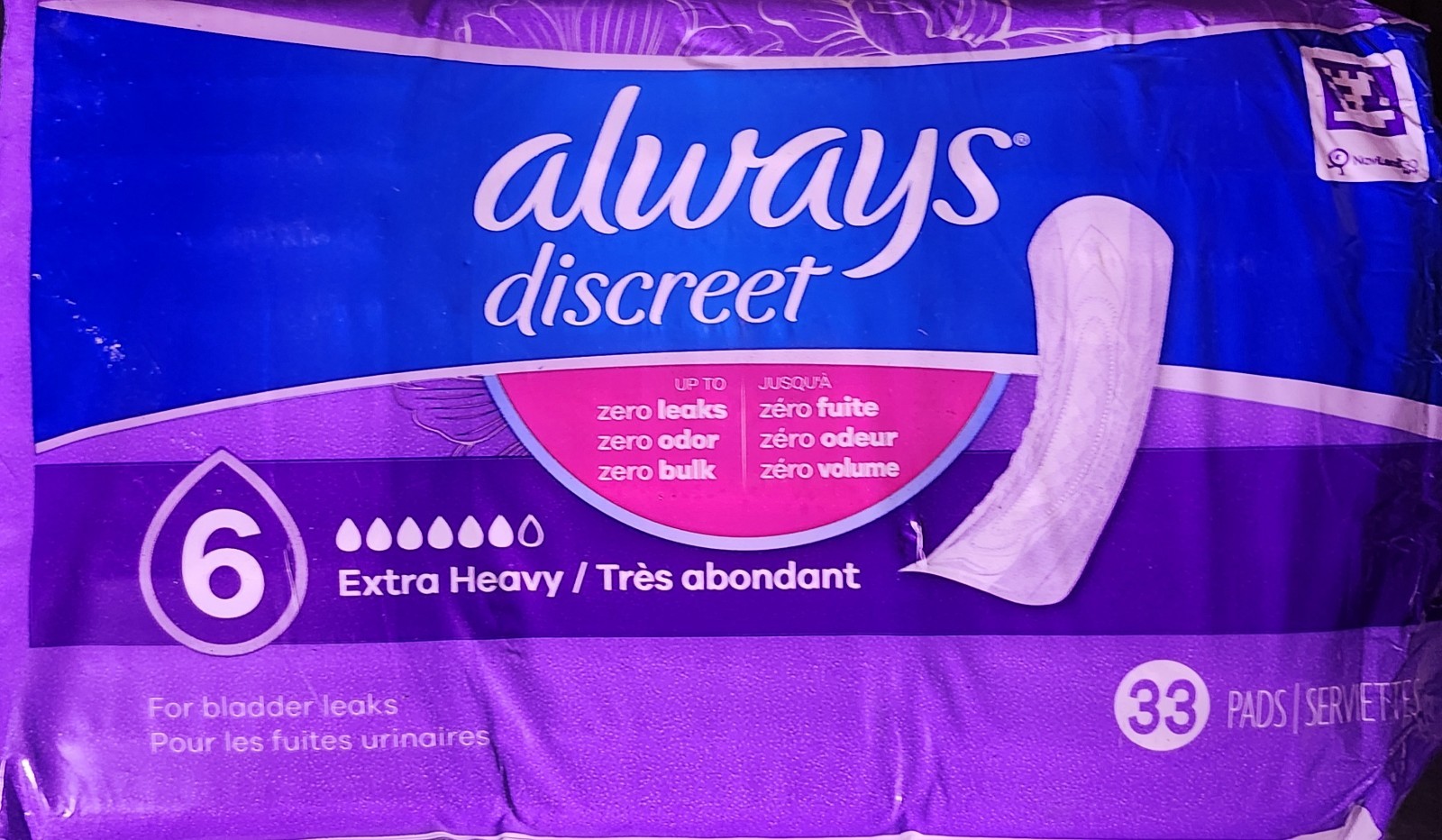 Always Discreet Postpartum/Bladder Leak Pads #6 33 Ct Extra Heavy No Leaks/Odor