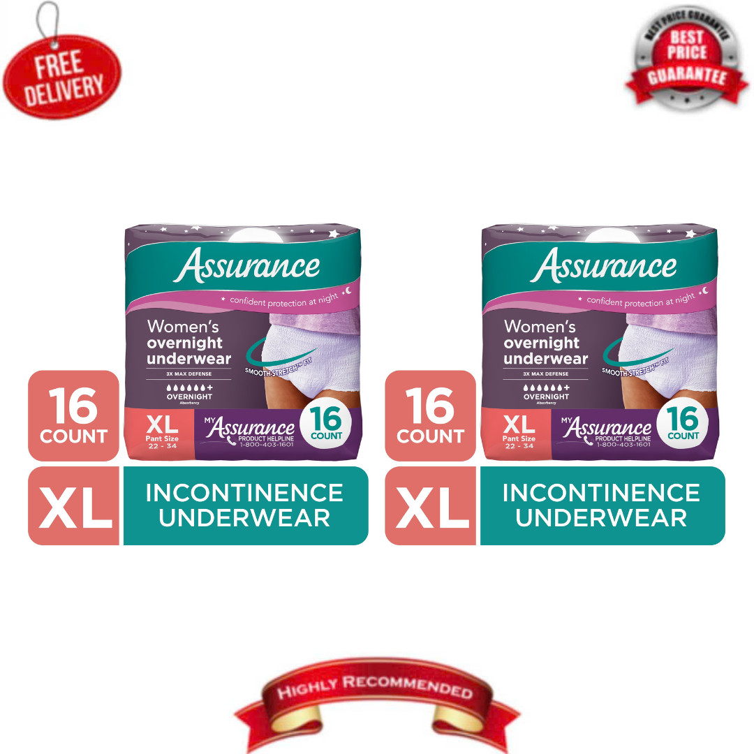 2PK Assurance Womens Incontinence Postpartum Underwear, XL Overnight Max, 16 Ct
