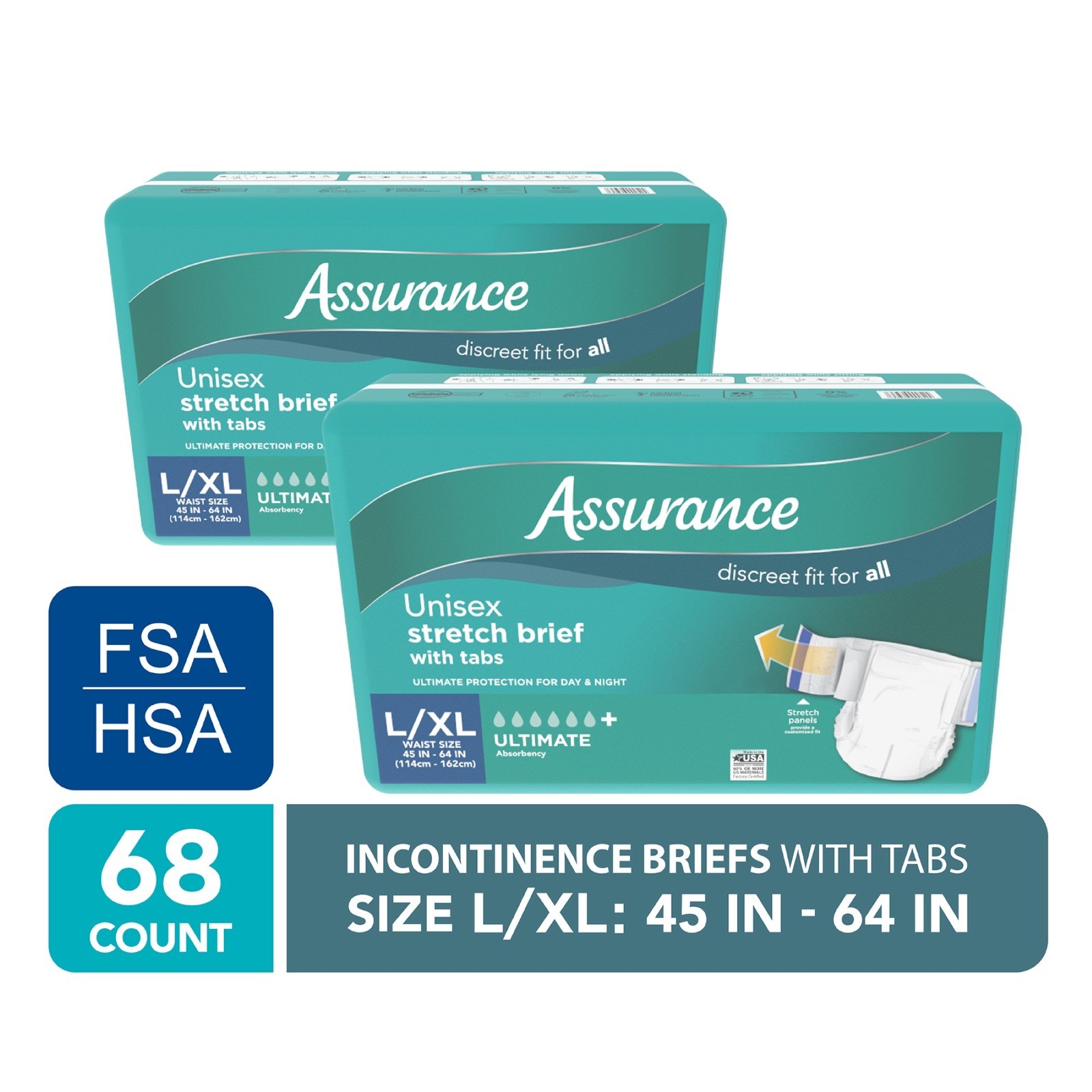 Assurance Unisex Stretch Briefs with Tabs, L/XL, 68 Count