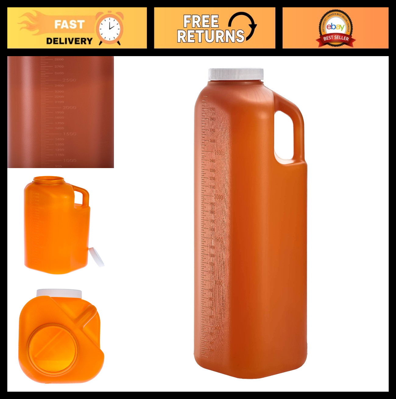 Large Male Urinal with Leak-Proof Cap, 3000 mL Capacity, Amber Color, Portable