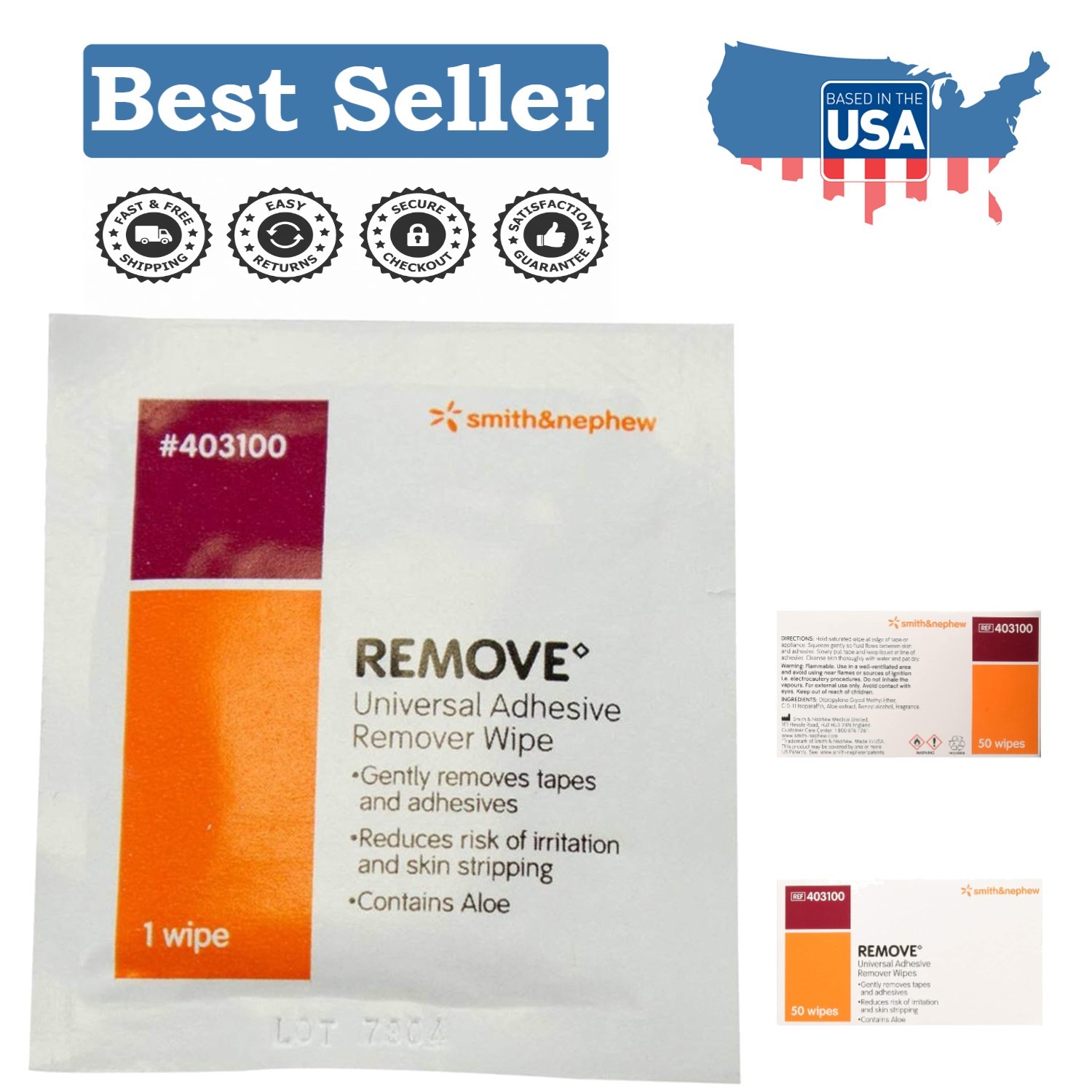 Smith and Nephew Aloe Vera Adhesive Remover Wipes – 50 Count for All Skin Types