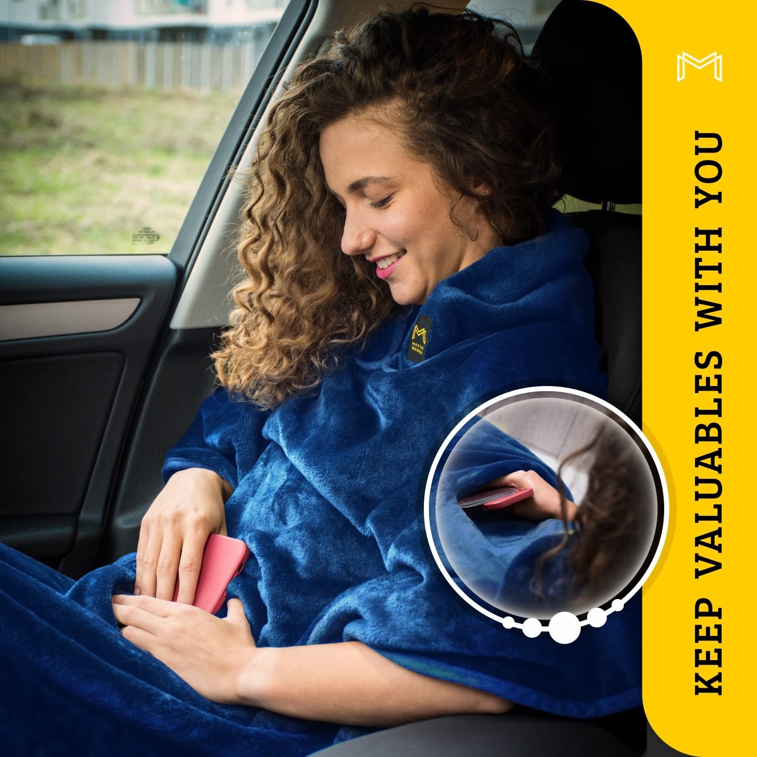MasterManner Travel Blanket Airplane Compact with Hoodie – 62×41”, Navy Blue