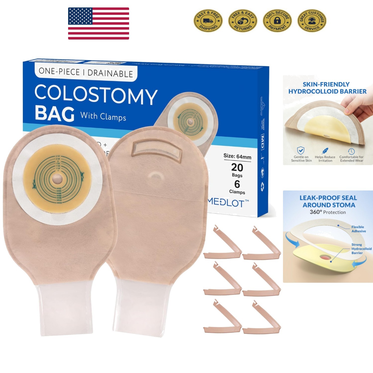 20 Pack Leak-Resistant Ostomy Bags with Hydrocolloid Barrier & Odor Filter