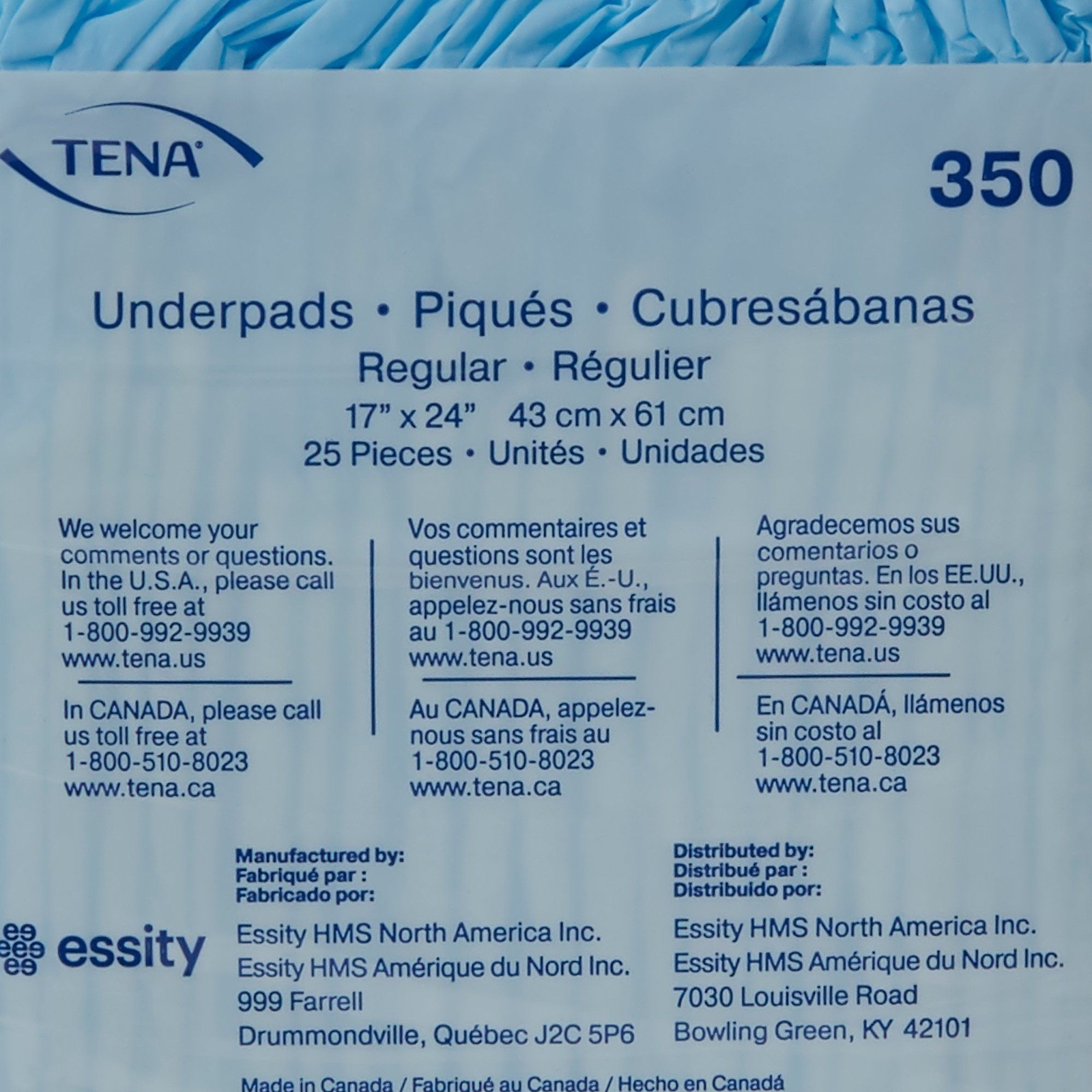 TENA Regular Underpads, Light Absorbency, Blue, Disposable, Latex-Free (CS/12)