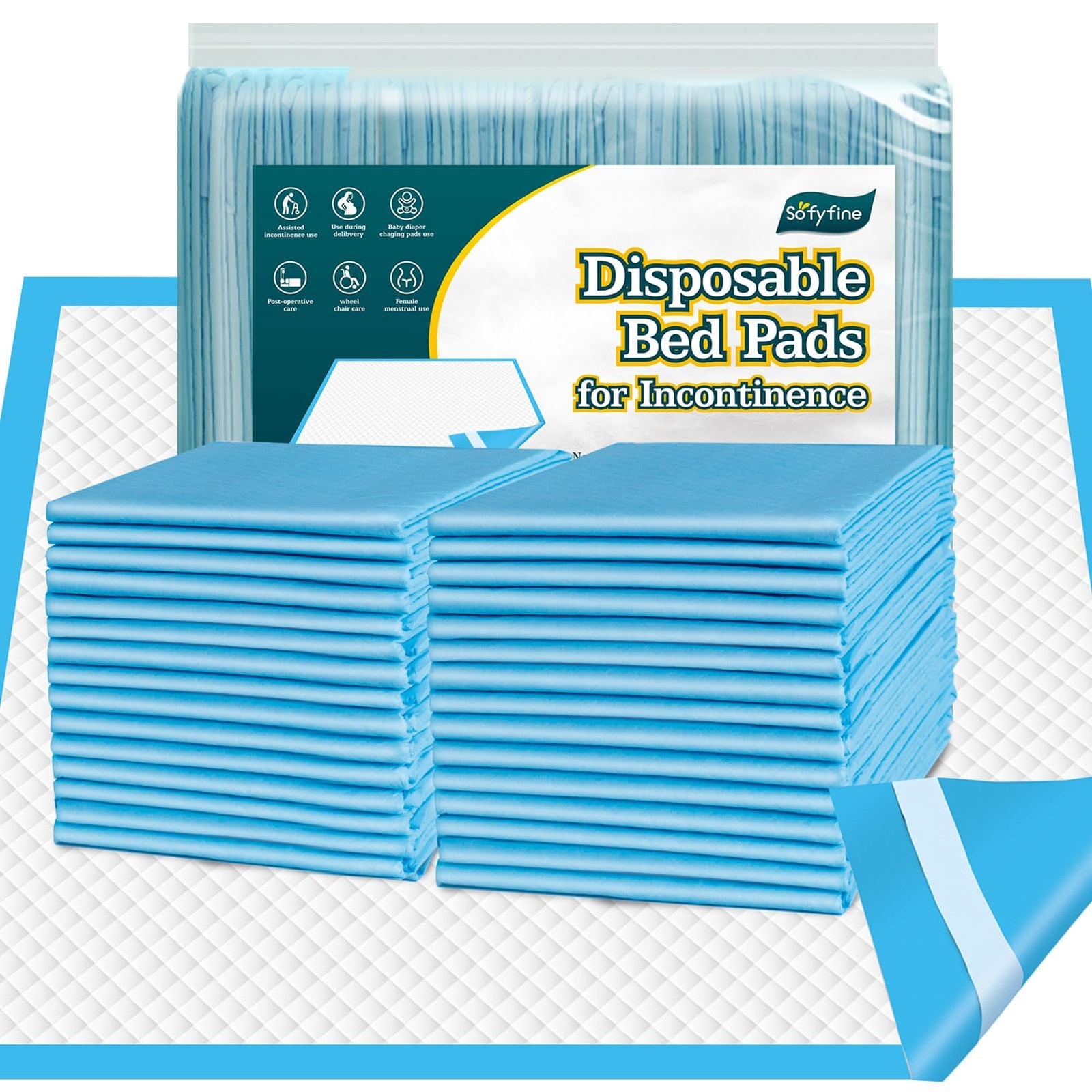 50 Count Bed Pads with Adhesive Strip 30×36 Thicken Elderly Adults Incontinence