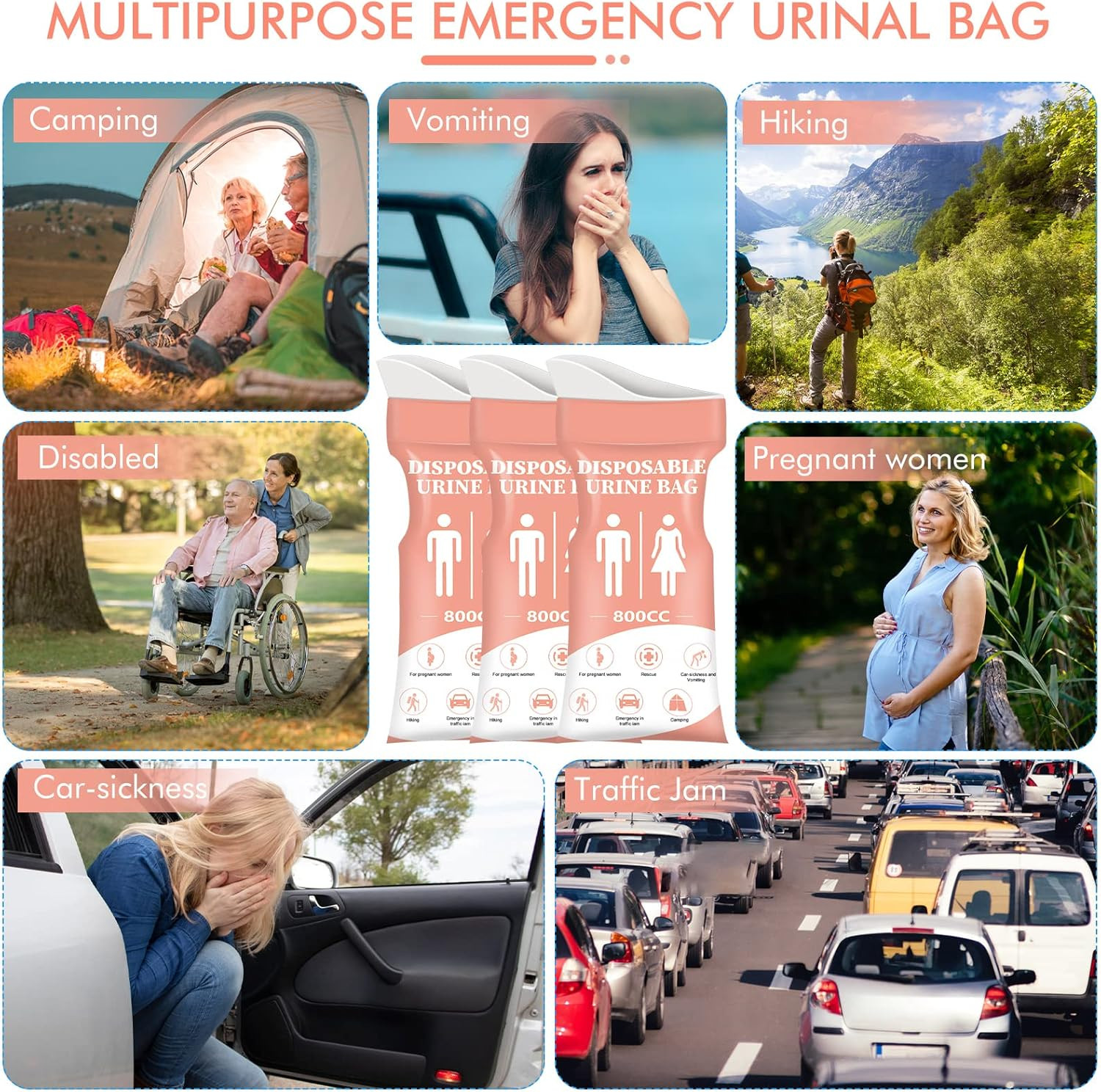 Disposable Urine Bag, 12/24 PCS Pee Bags for Travel for Women/Men, 800ML Emergen