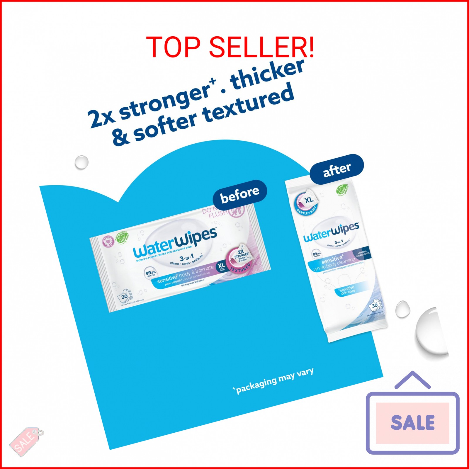 WaterWipes Sensitive Whole Body Cleansing Wipes, 99.9% Purified Water, XL Textur