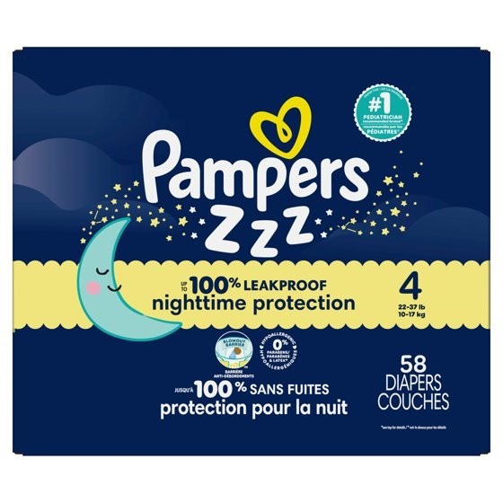 Pampers Swaddlers Overnight Zzz Baby Diapers Size 4 58 Count Leak Protection