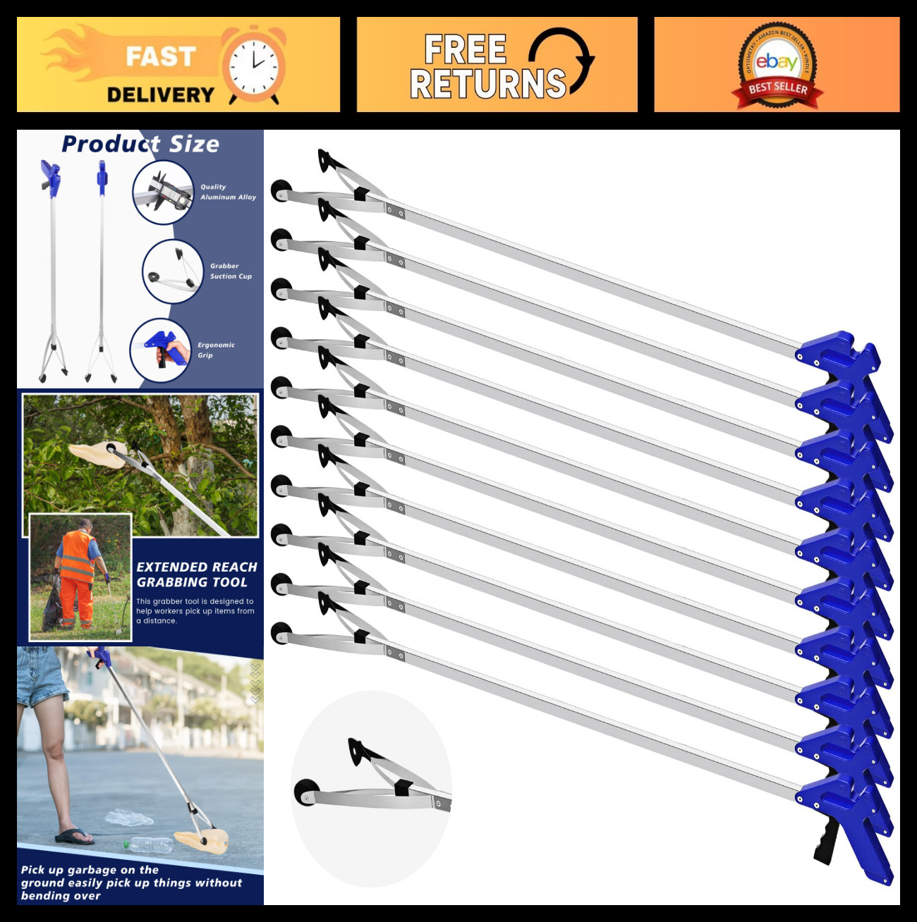 10 Pack Suction Cup Grabber Tool – 43 Inch Long Reach Claw for Litter & Trash Pi