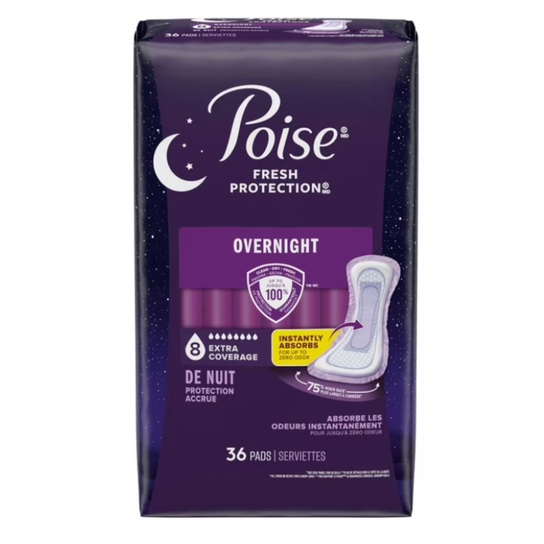 Poise Overnight Incontinence & Postpartum Pads for Bladder Leaks, 8 Drop Extra