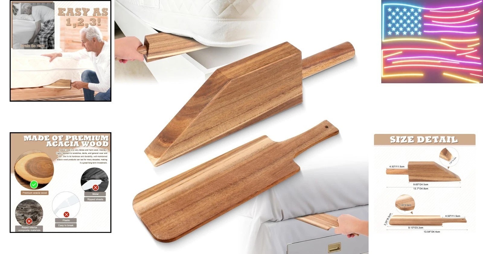 Mattress Lifter & Sheet Tucker Tool Set for Changing Sheets, Acacia Wood Matt…
