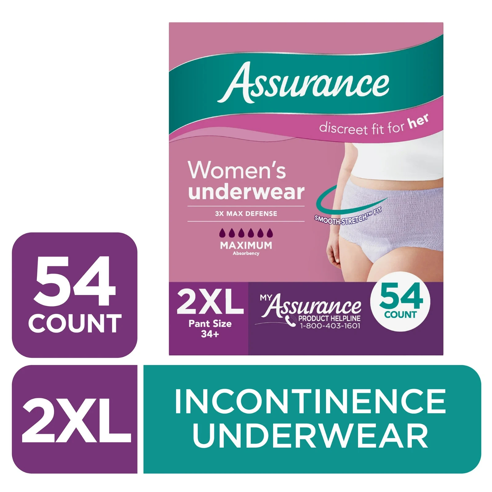 108 Count 2x 54 Assurance Women Incontinence Underwear Max Absorbency Size 2XL