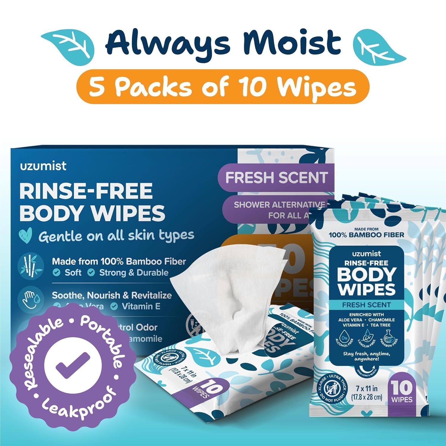 Ultra Thick Body Wipes for Adults – 50 Pack of Gentle Fresh, Rinse-Free Sheets