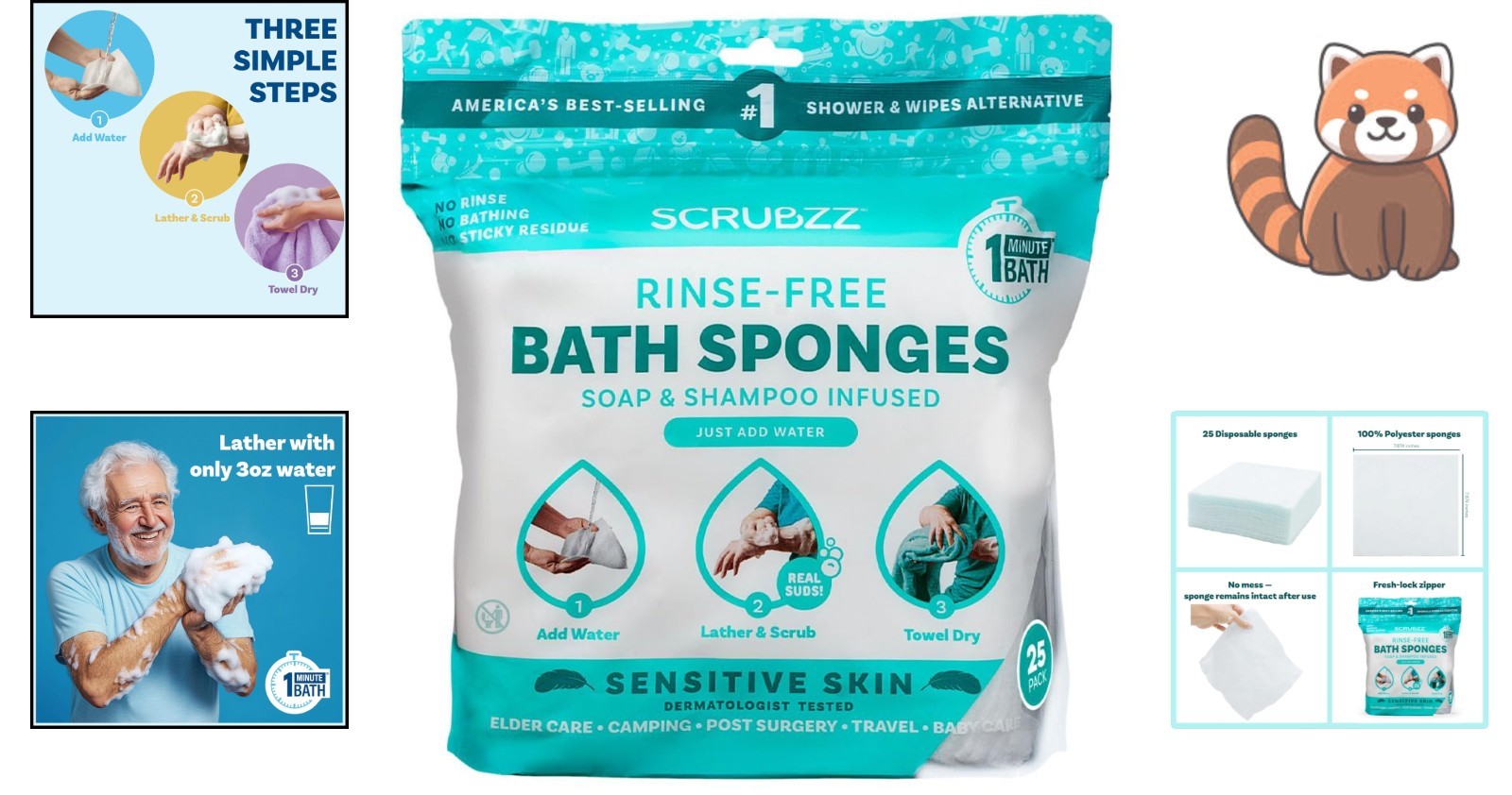 Hypoallergenic Rinse-Free Bathing Wipes for Sensitive Skin – 25 Count