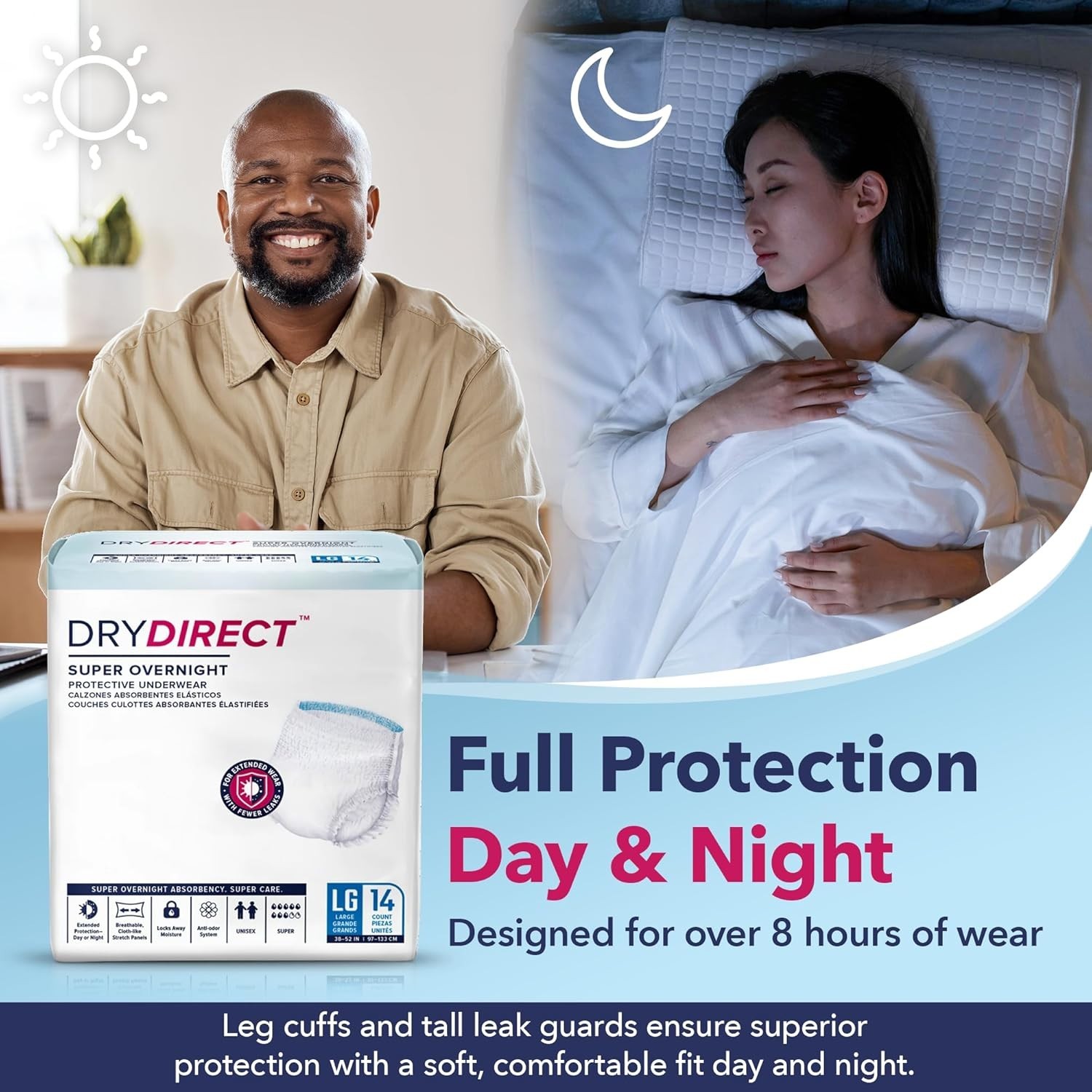 Super Overnight Adult Diapers with Leak Guards & Wetness Indicator – 12 Count