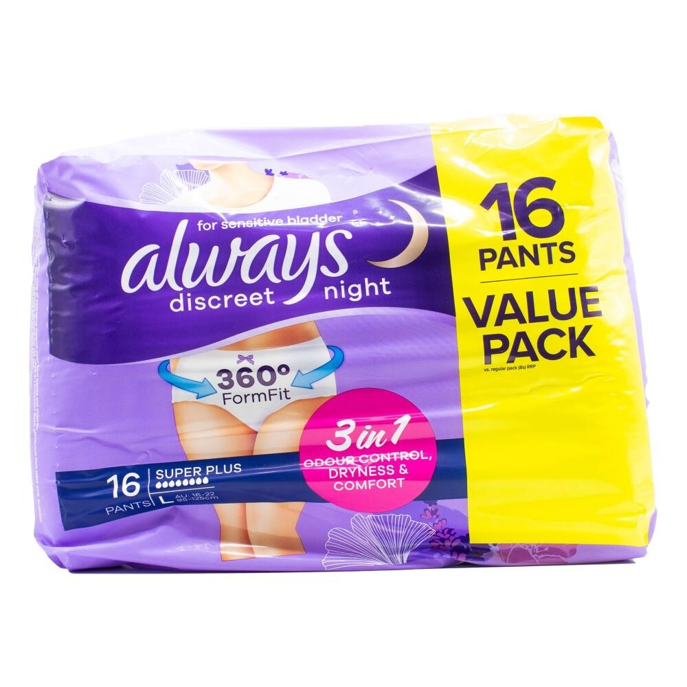 32 x ALWAYS UNDERWEAR PANTS DISCREET NIGHT SENSITIVE BLADDER SUPER PLUS SIZE L