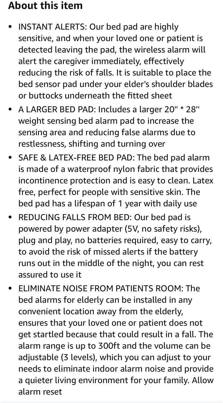 Bed Alarms and Fall Prevention for Elderly with 20” * 28” Weight Sensing