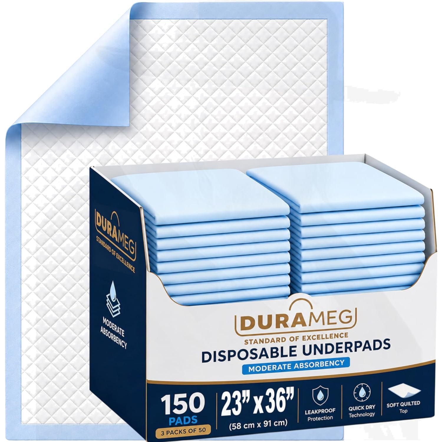 DURAMEG 23×36 Disposable Underpads 150 Ct Bed Pads Incontinence Chux Puppy Pads