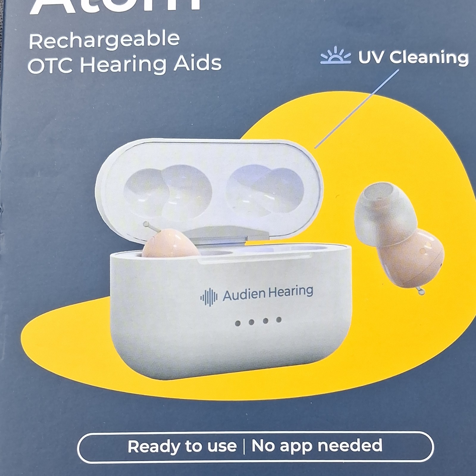 Audien Hearing Atom CIC Rechargeable Hearing Aids UV Cleaning Beige White Case