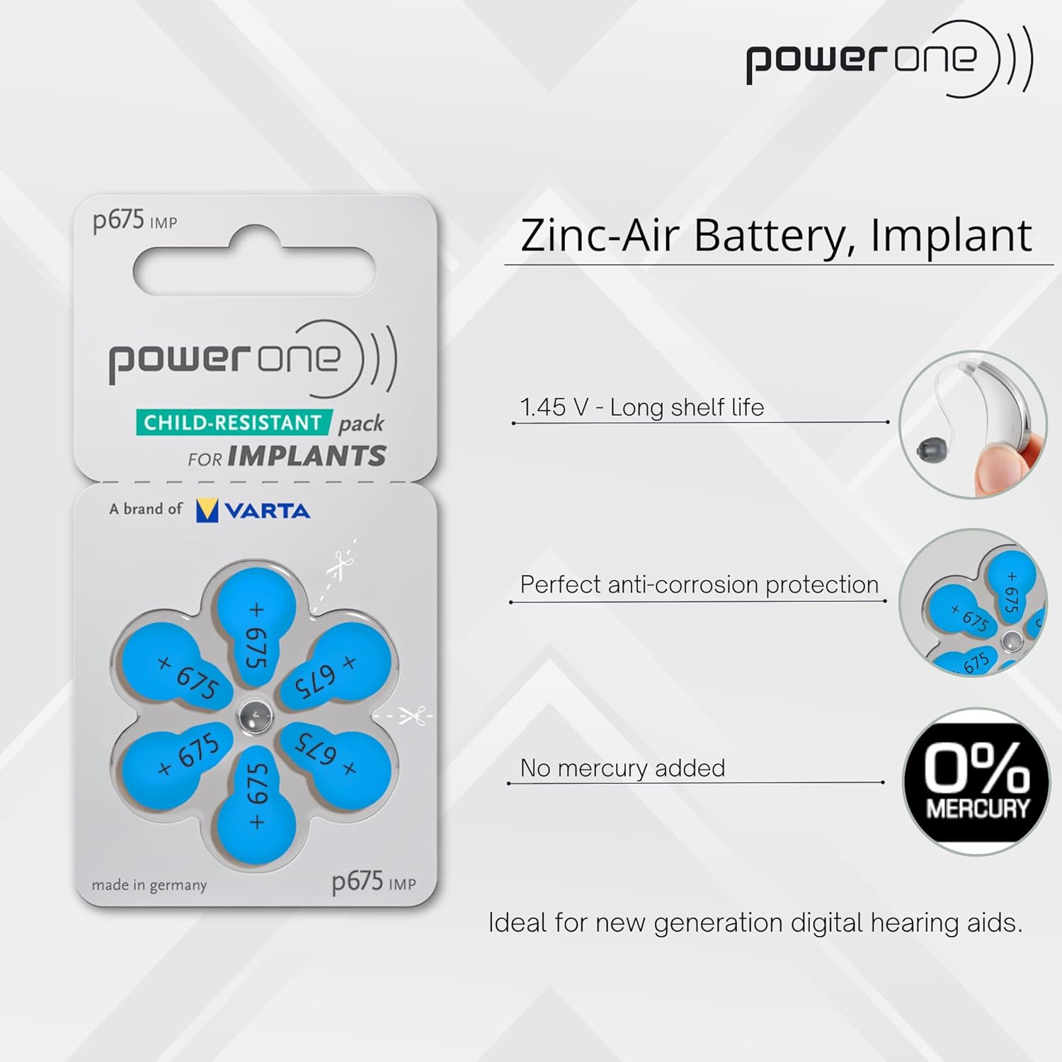 60 Mercury Free Hearing Aid Batteries Size: 675P Cochlear Implant by