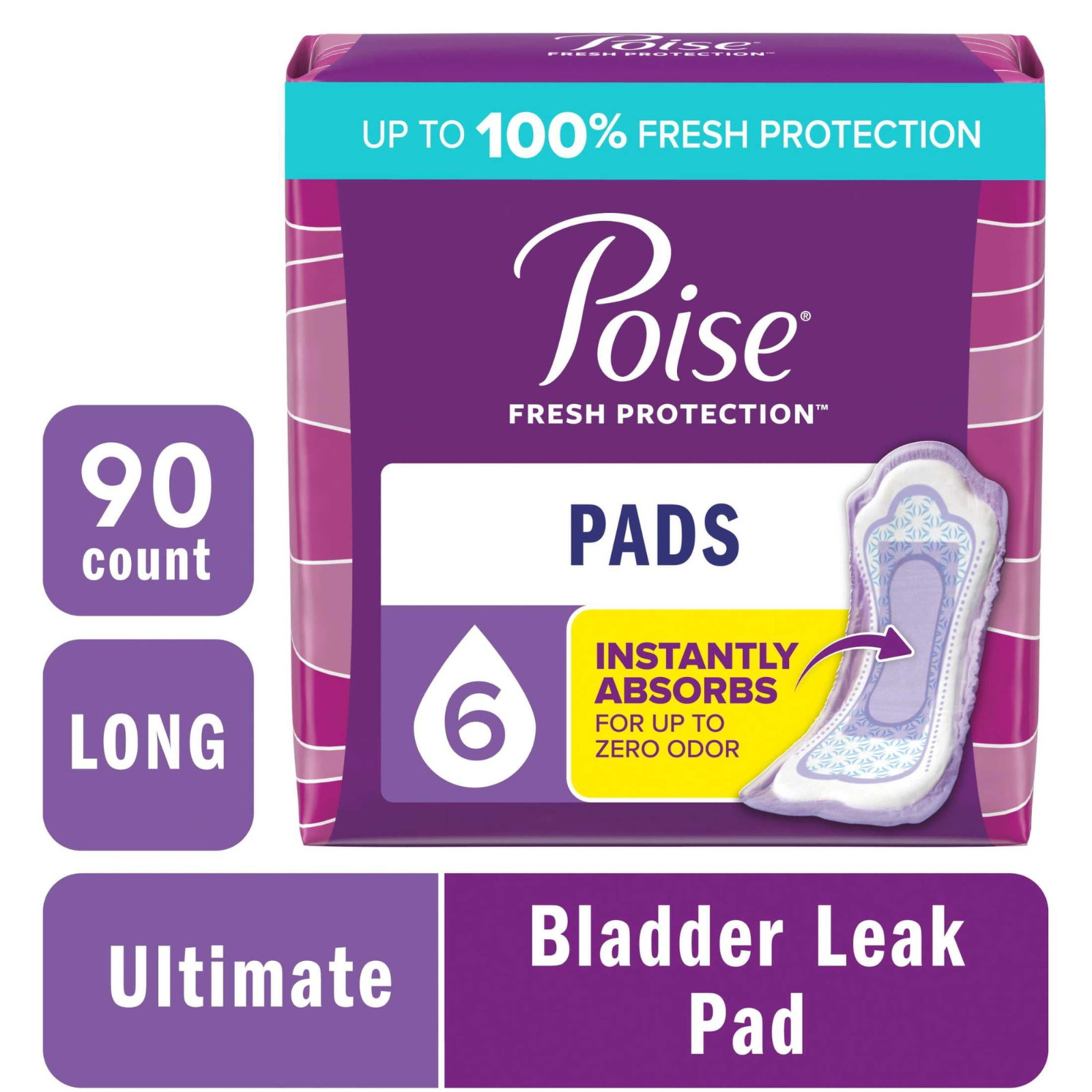 90 Ct Poise Incontinence Pads for Women, 6 Drop Ultimate Absorbency Long Length