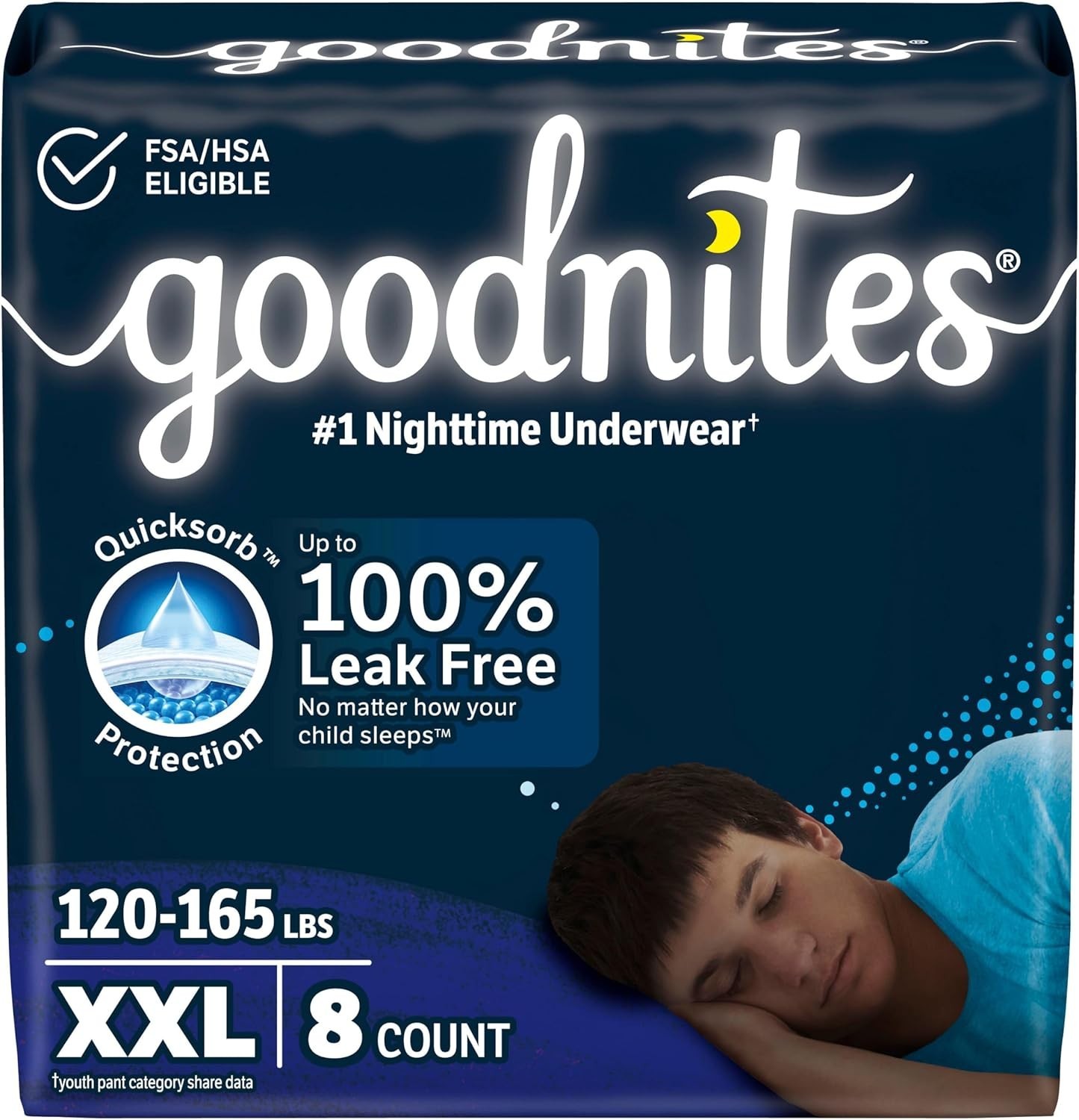 Goodnites Boys’ Nighttime Underwear XXL (120-165 lbs), 8 Ct, Packaging Varies