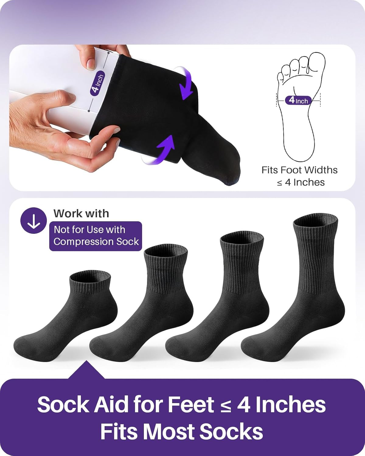 Sock Aid for Putting on Socks, 4″ Foot Width, No Bending | Soft Flexible ABS She