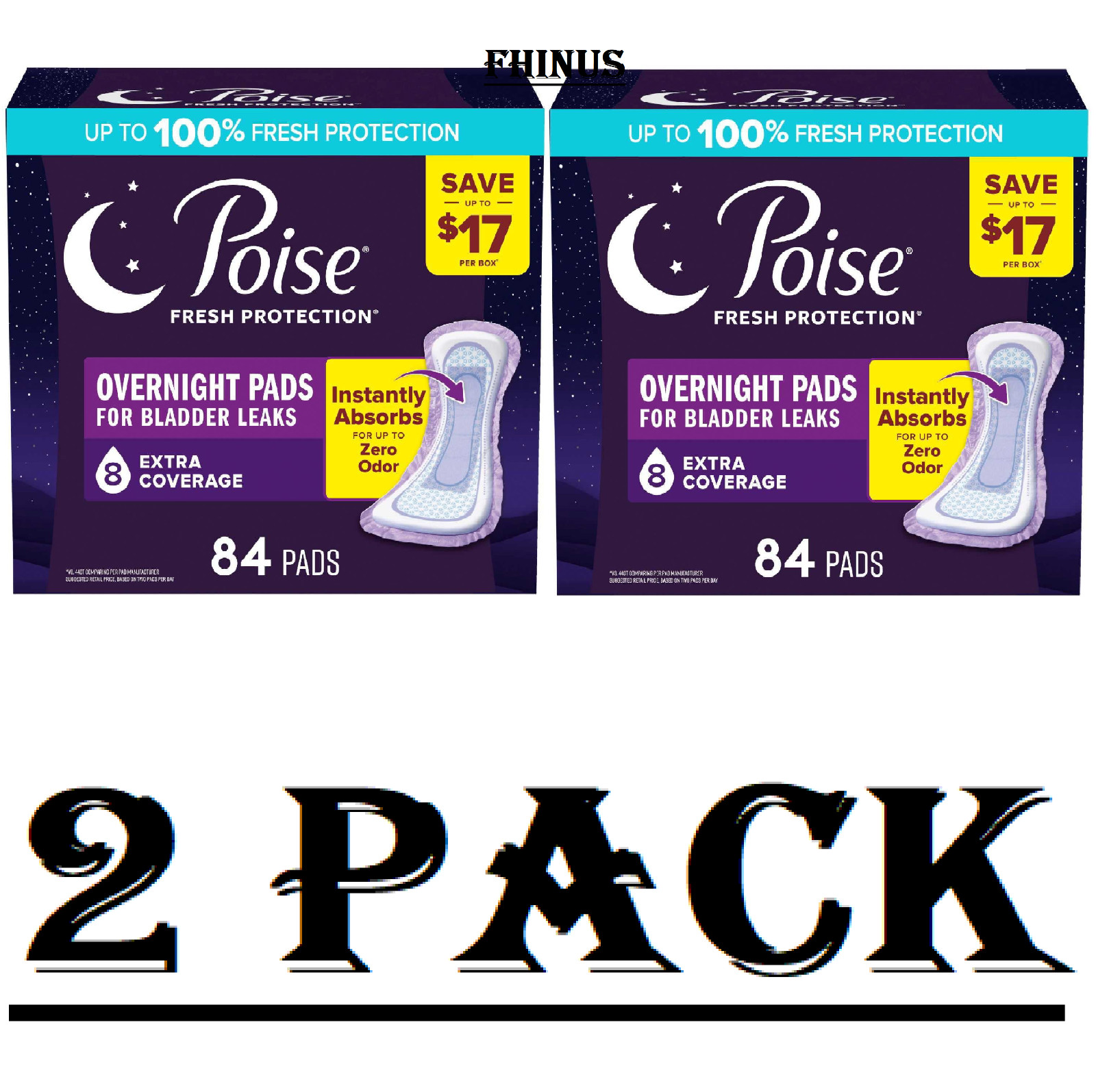 2 Pack Poise Incontinence Pads, 8 Drop Overnight, 84 ct