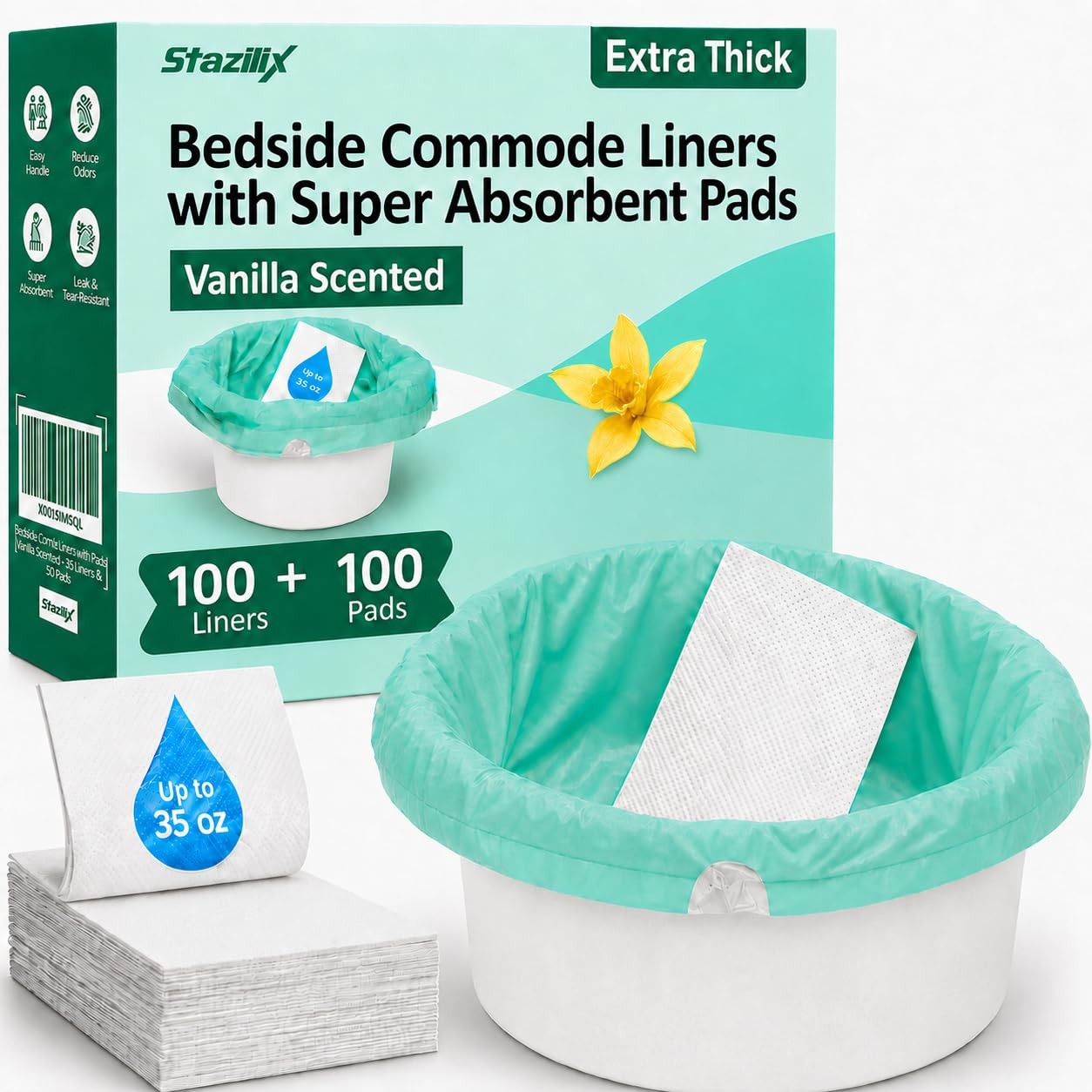 100 PCS Vanilla Scented Extra Thick Commode Liners + Absorbent Pads Bags