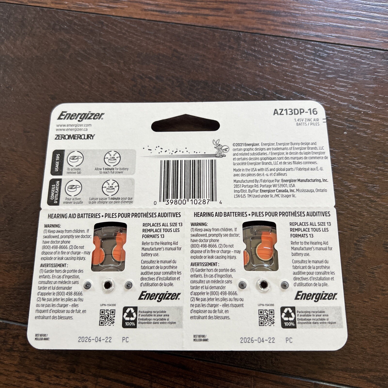 Energizer Size 13 Zinc Air Hearing Aid Batteries Pack Of 16 Expires 2026-04-22
