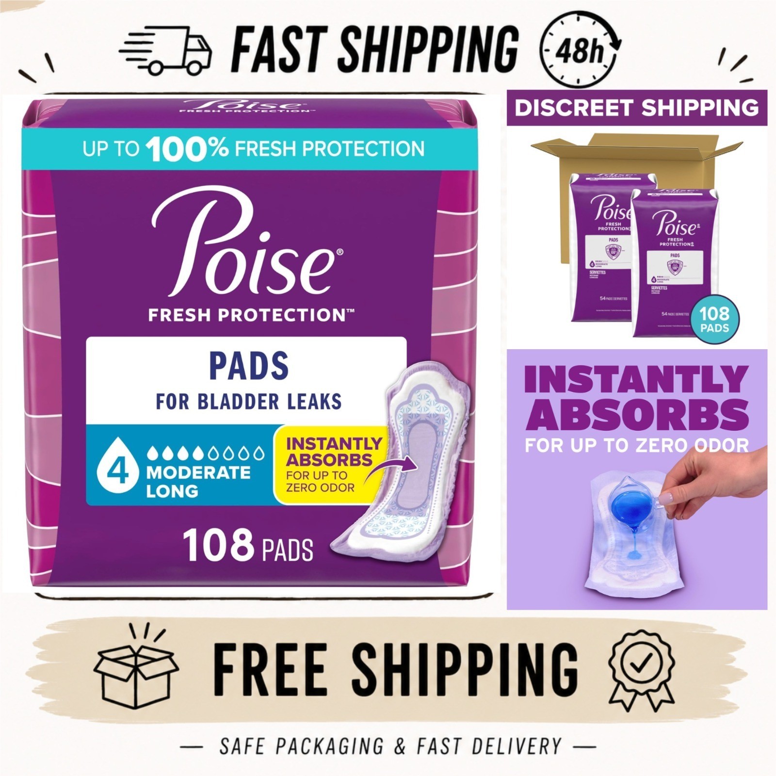 Poise Incontinence Pads for Women, Moderate Absorbency, 108 Count