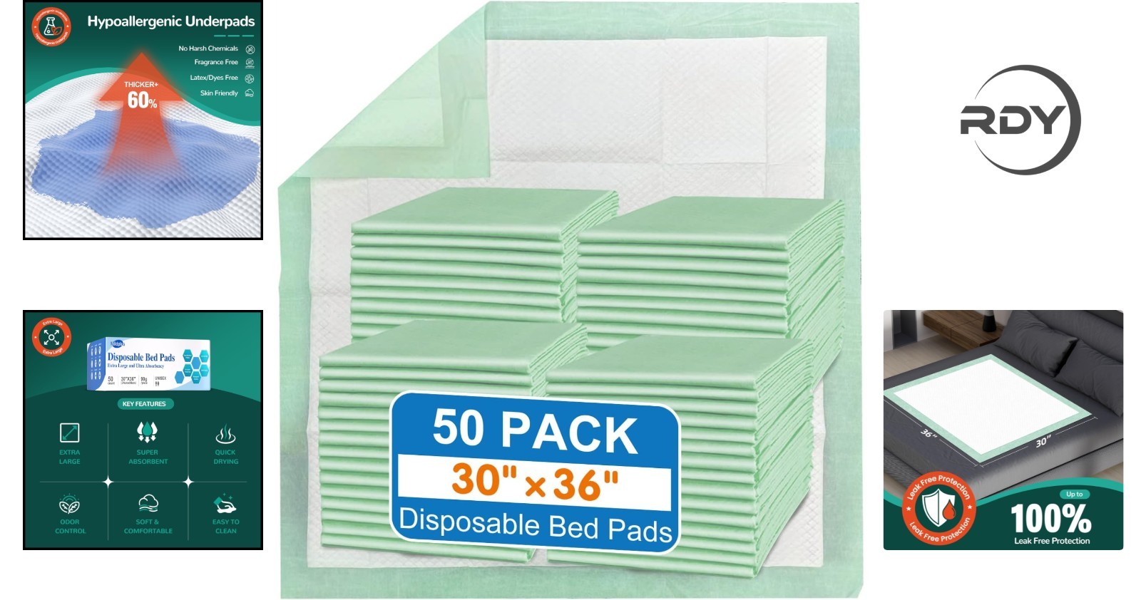 Multipurpose Soft Bed Pads 30″x36″ – 50 Count Heavy Duty Disposable Underpads