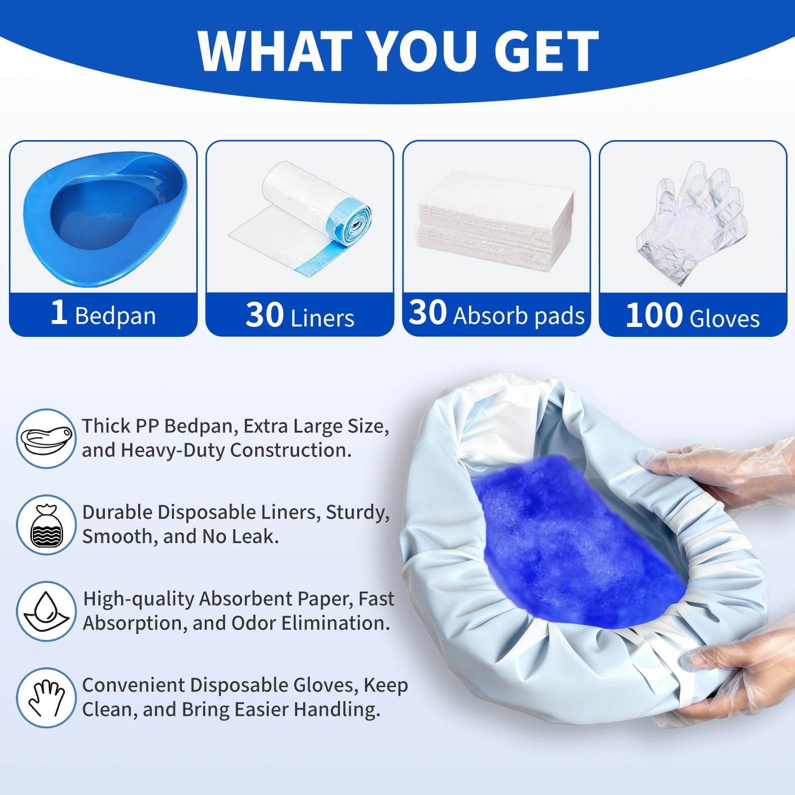Bedpan Set with 30 Super Absorbent Pads 30 Disposable Liners 100 Gloves, Bedp…