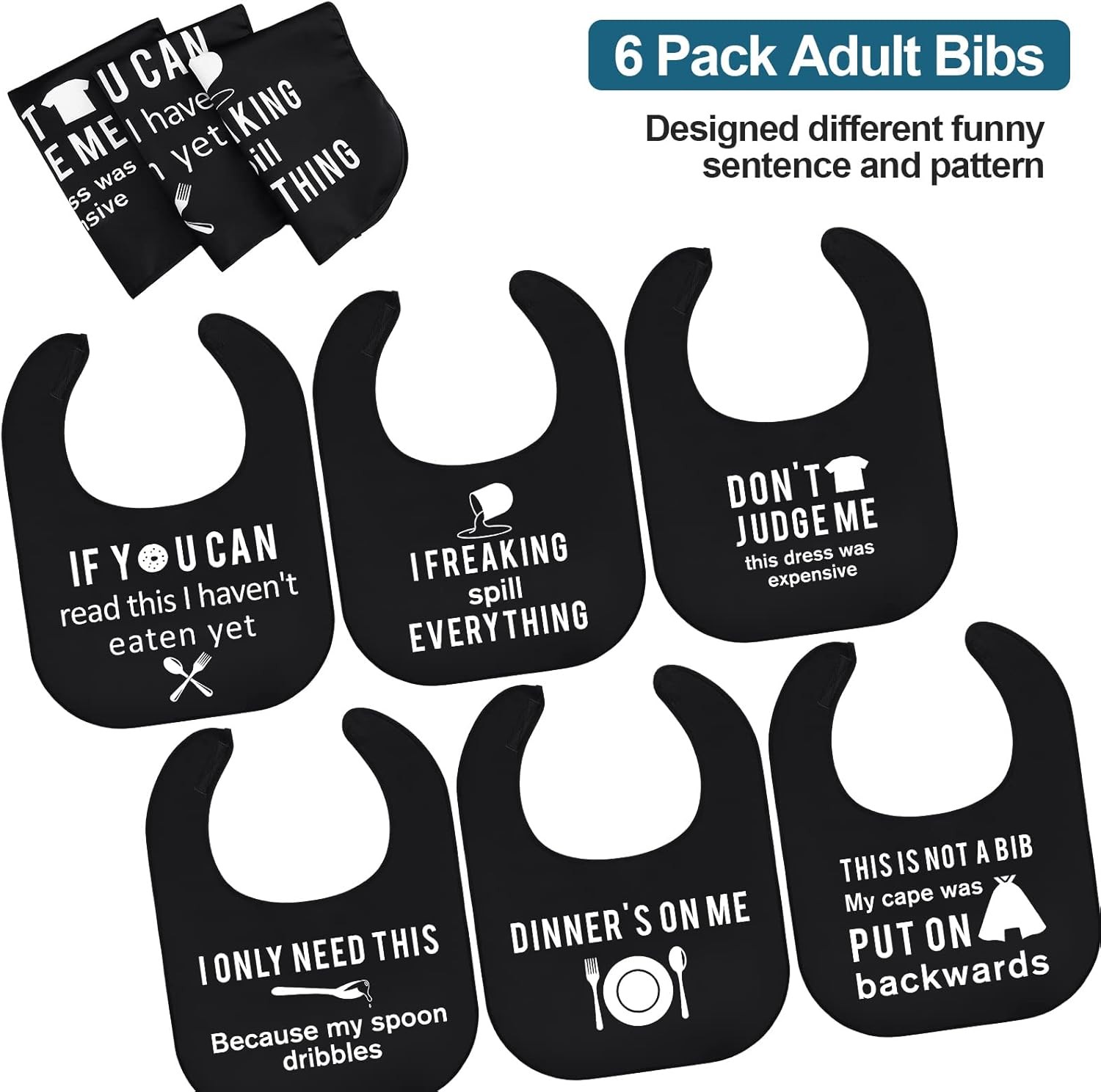 6 Pcs Adult Bibs for Women Men Funny Washable Black and White