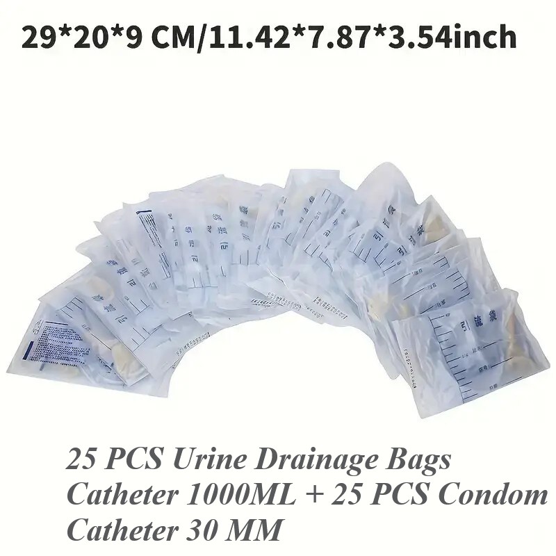 25Pcs Male Urinary Drainage Bags + Condom Catheter Anti-reflux Disposable 50.7oz