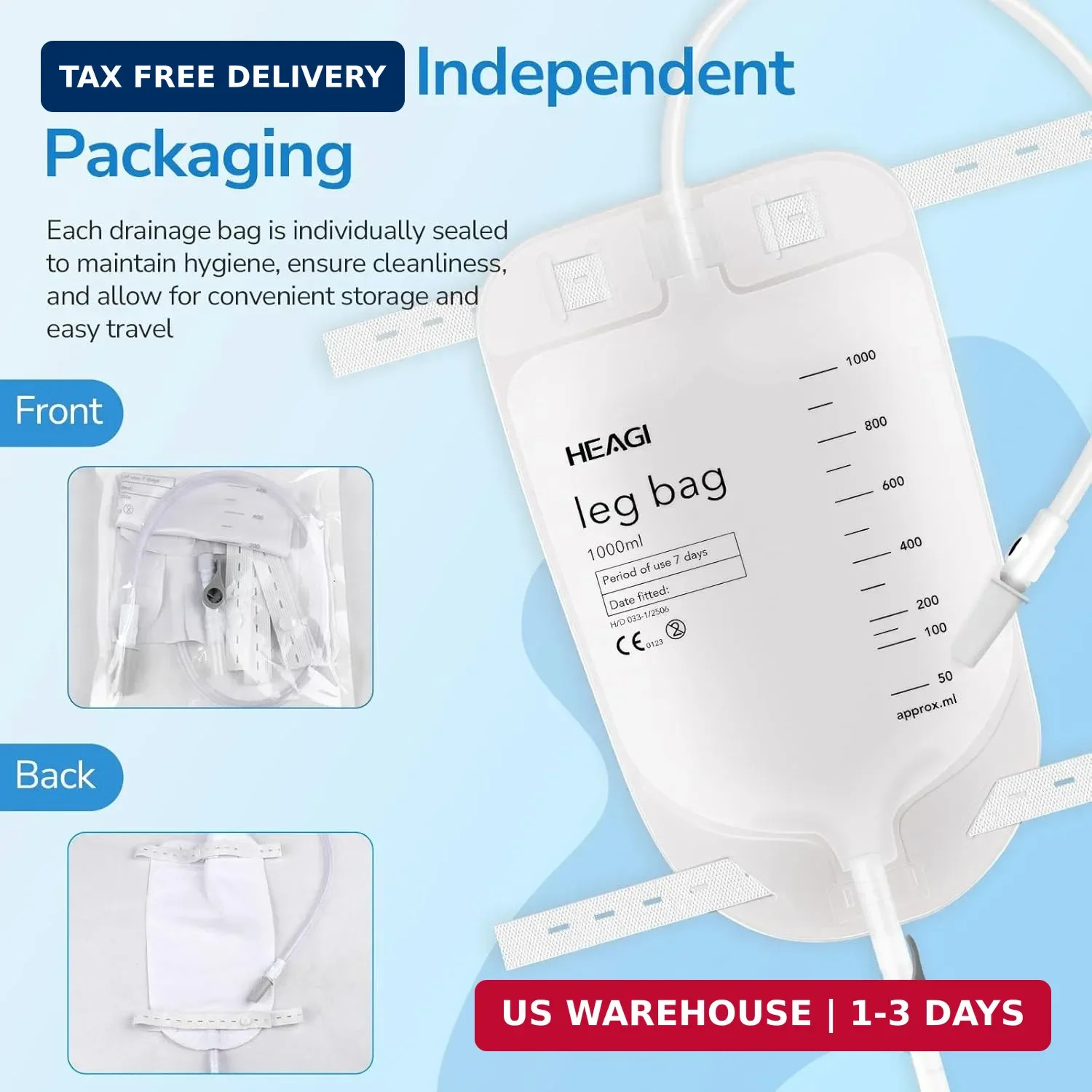 3 Pack Catheter Bags, 1000mL/33.8oz, Easy-Tap Leg Bag Urinary Drainage Bag, Anti