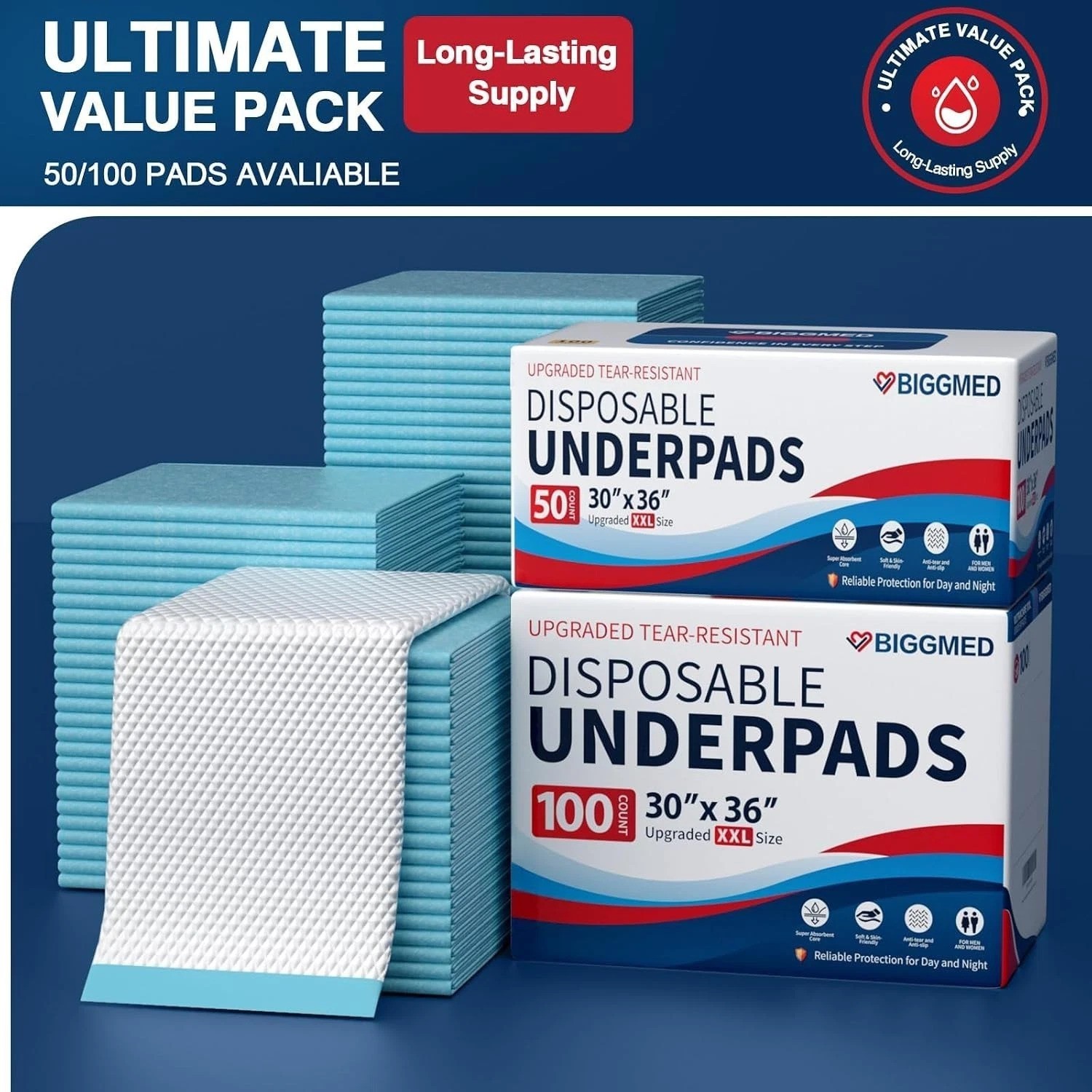 Tear-Resistant Disposable Bed Pads 30″ x 36″ 50 Count Absorbent Underpads, Ch…