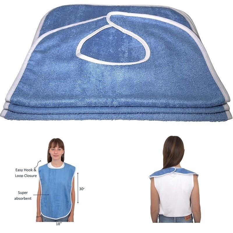 3 Pack Adult Bibs for Elderly Seniors Disability Terry Cloth Bibs Washable Blue