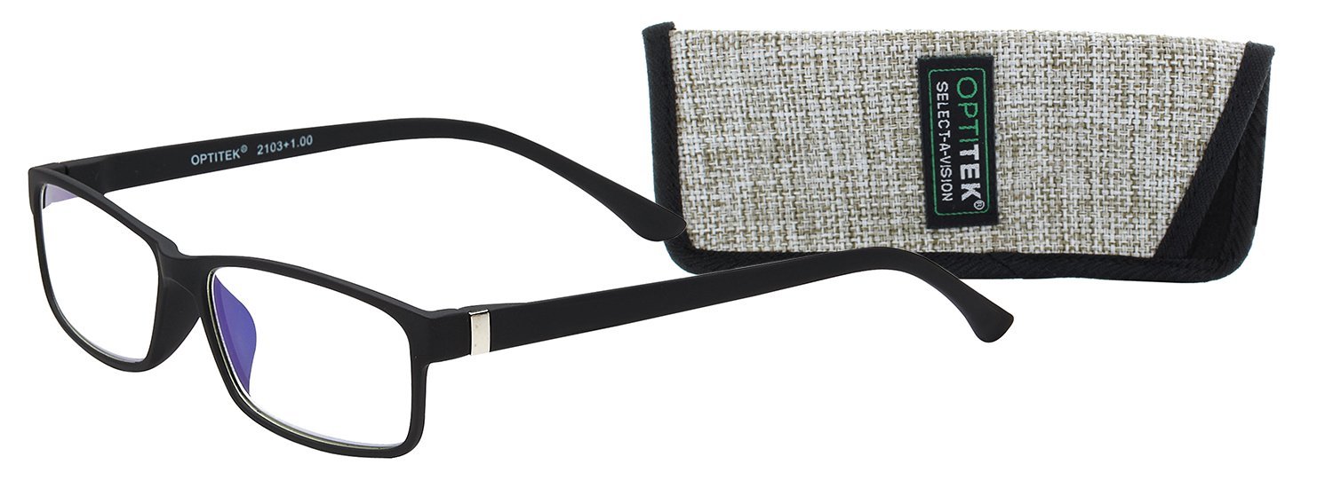 Optitek Rectangular Blue Light Reading Glasses, Black, 1.25