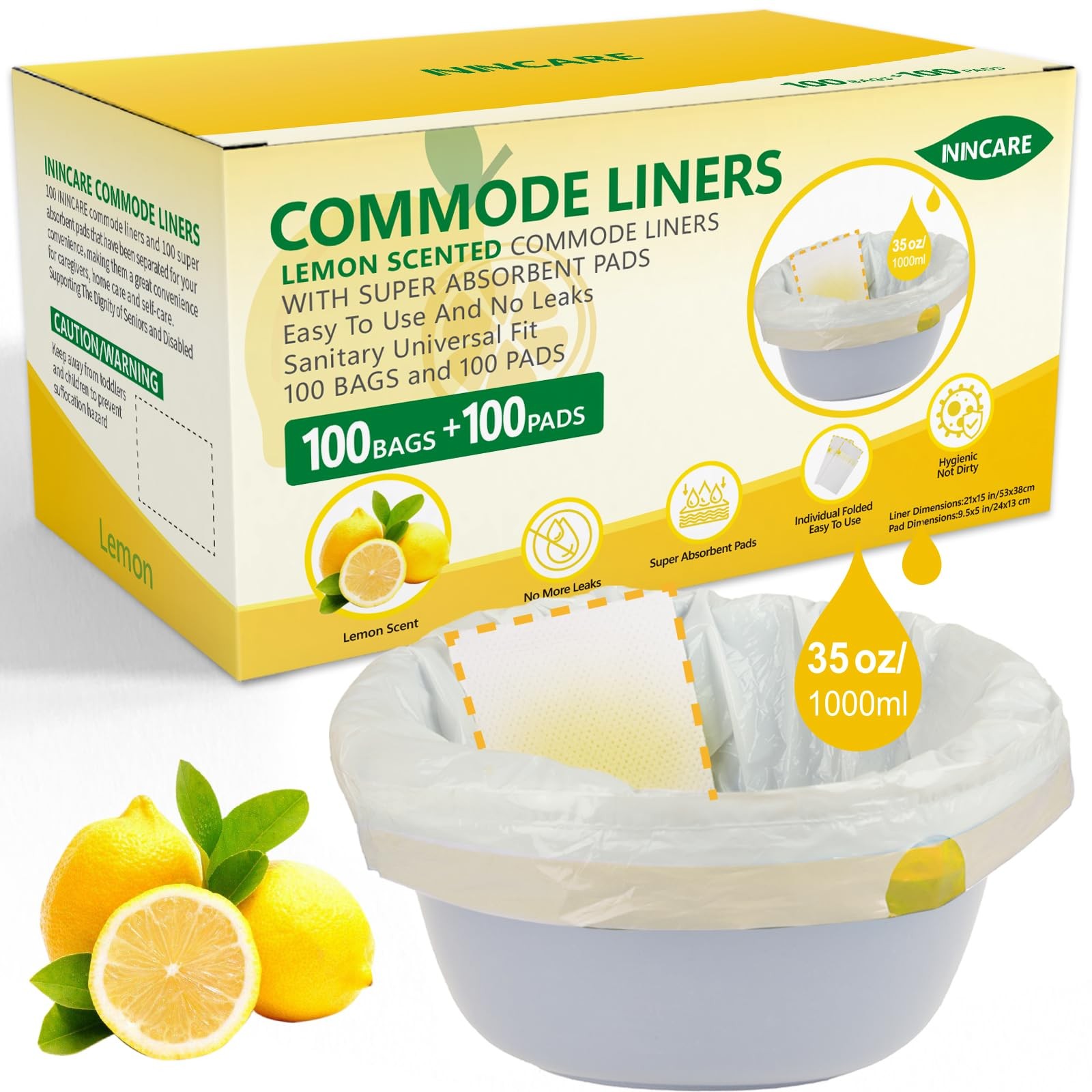 Commode Liners with Absorbent Pads for Bedside Commode, 100 Lemon Scented Bed…