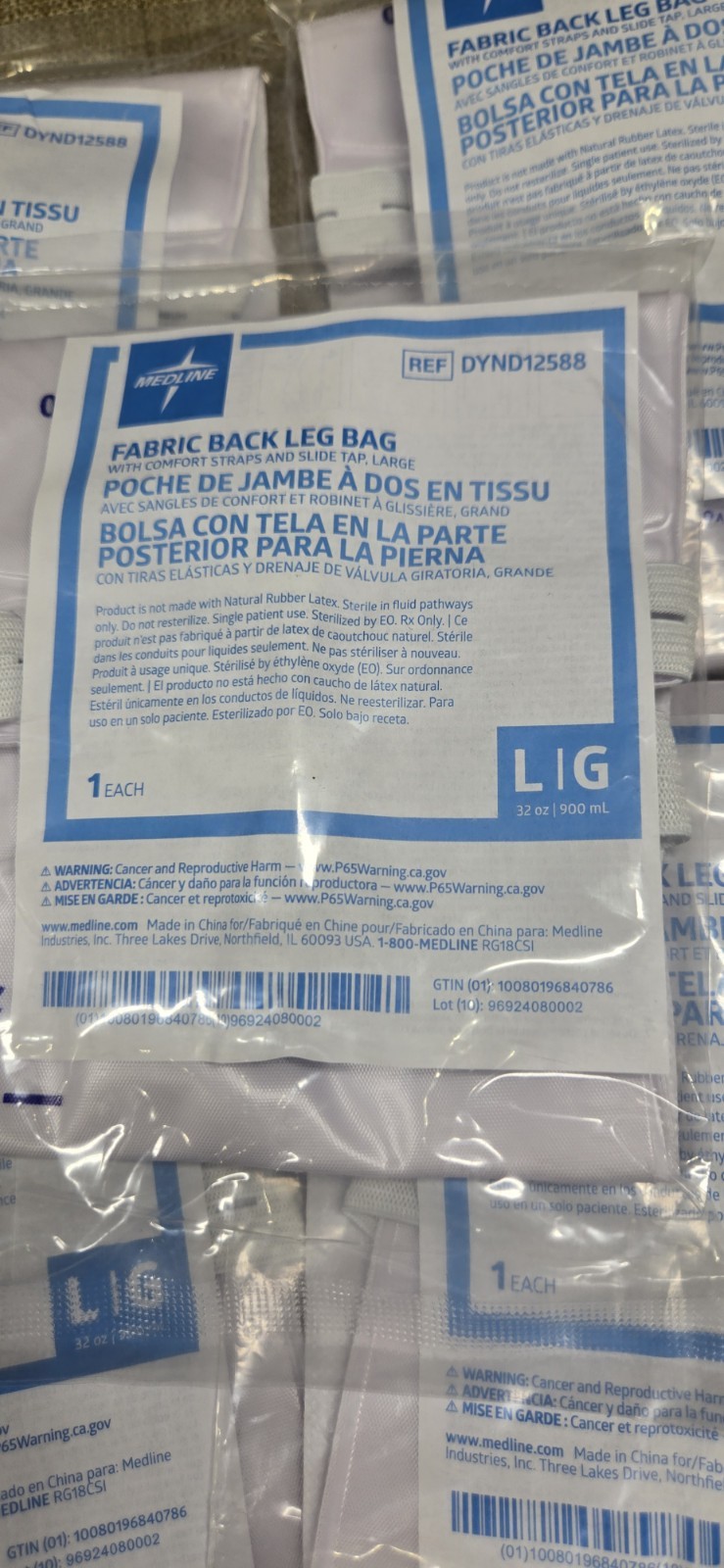 LOT OF 5 – MEDLINE Fabric Back Leg Bags with Slide Tap – Large 32oz – DYND12588