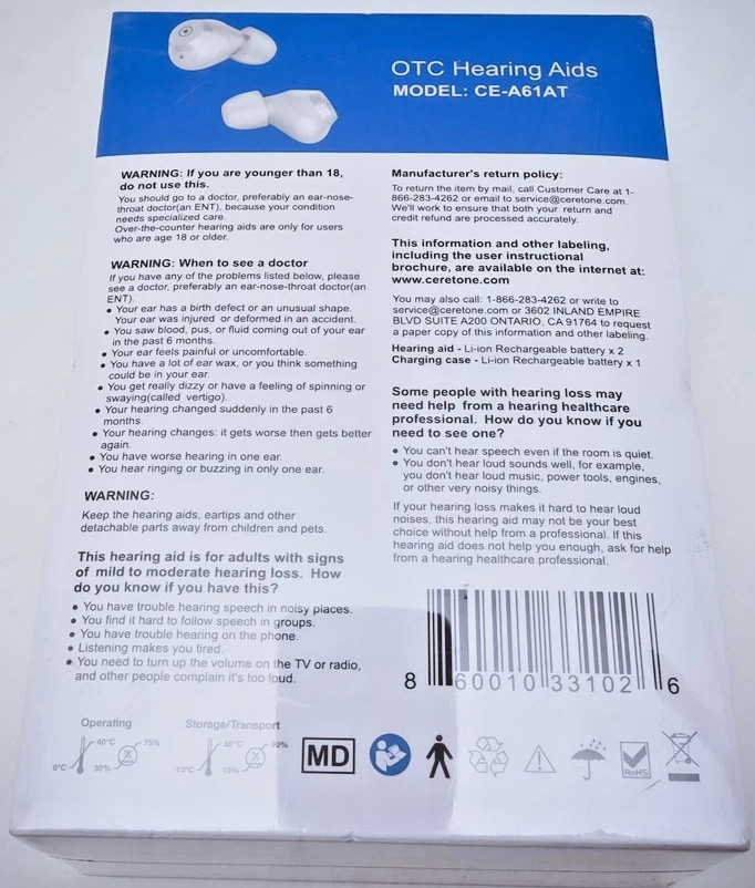 New Ceretone Fusion OTC Hearing Aids Brand( New Sealed )Model : CE -A61AT