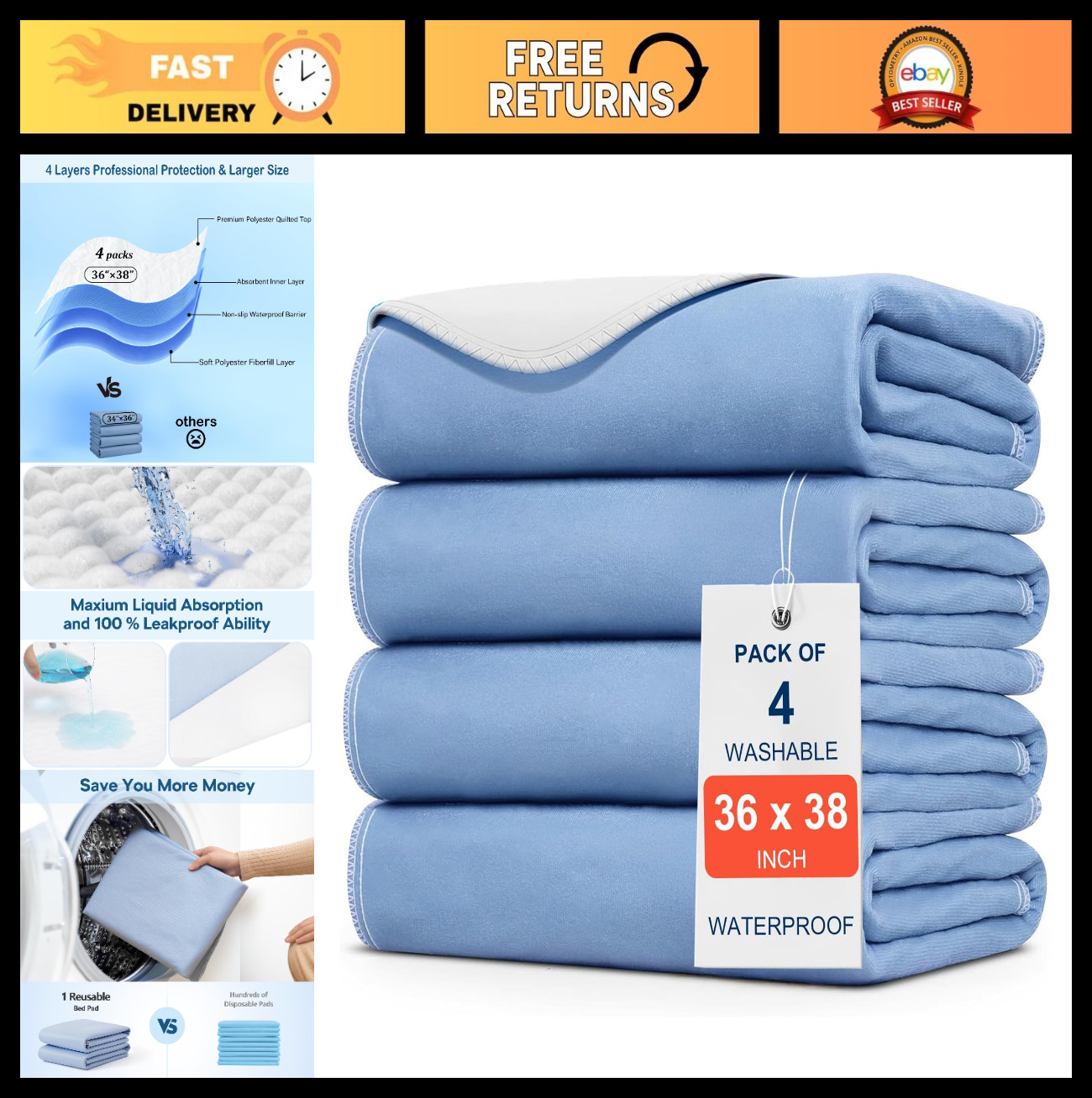 4 Pack Large 36″x38″ Washable Incontinence Bed Pads – Quick Drying Underpads for