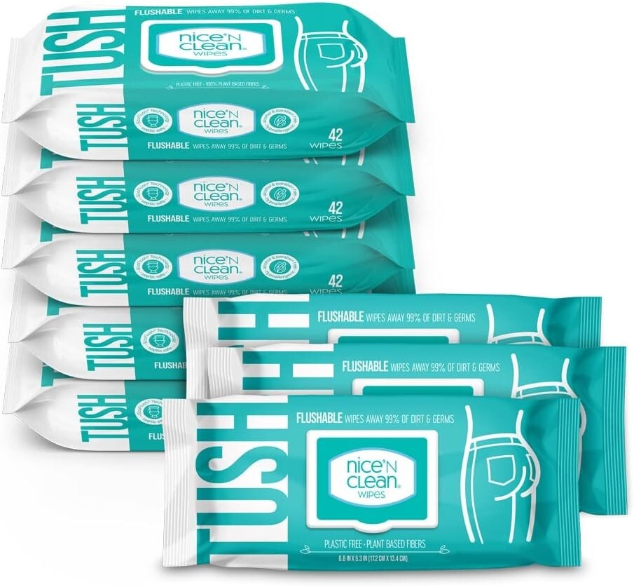 Plant-Based Flushable Wipes with Moisture Lock – 8 Packs of 42 Count Convenience
